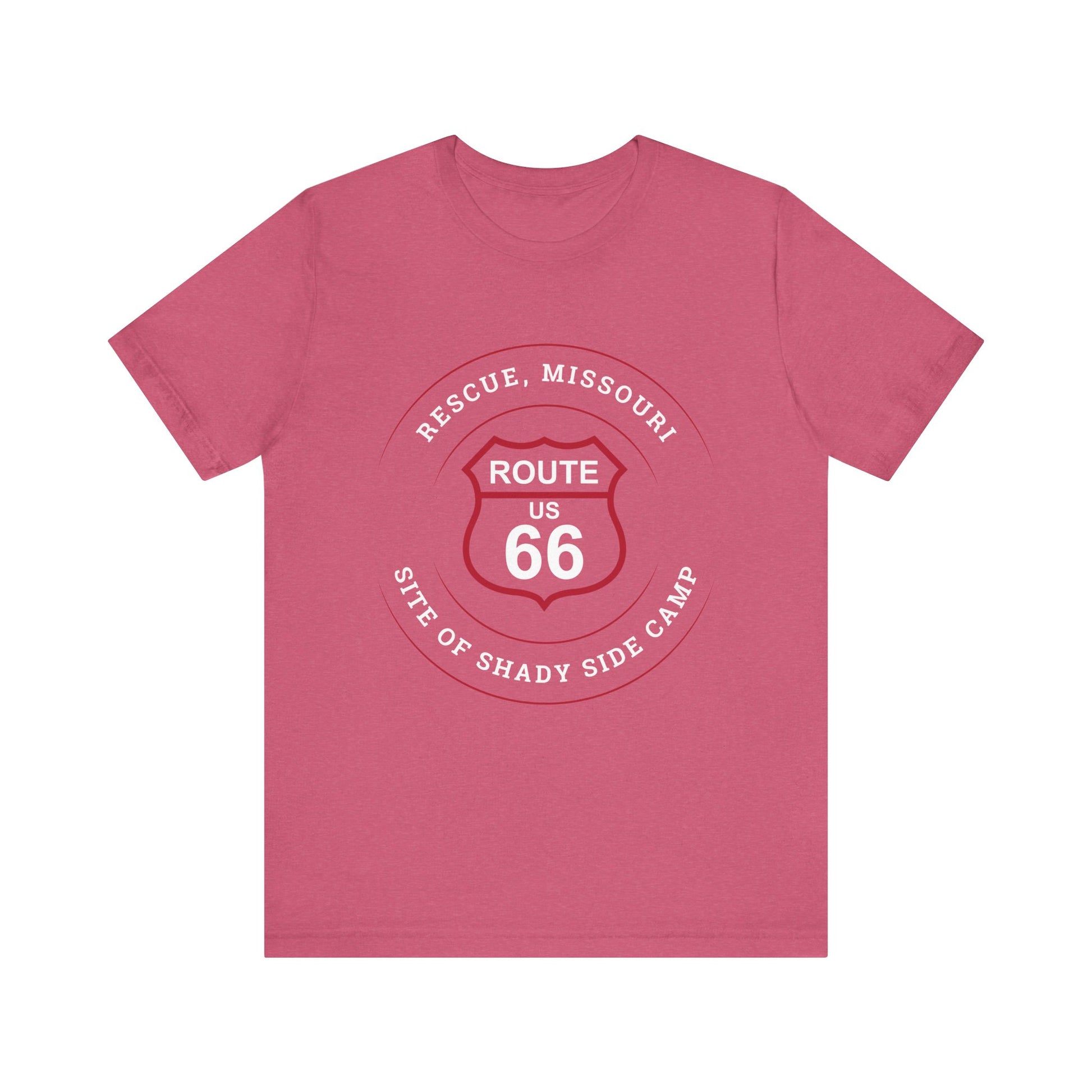 Heather raspberry retro Route 66 unisex jersey tee with Rescue, MO "Site of Shady Side Camp" design