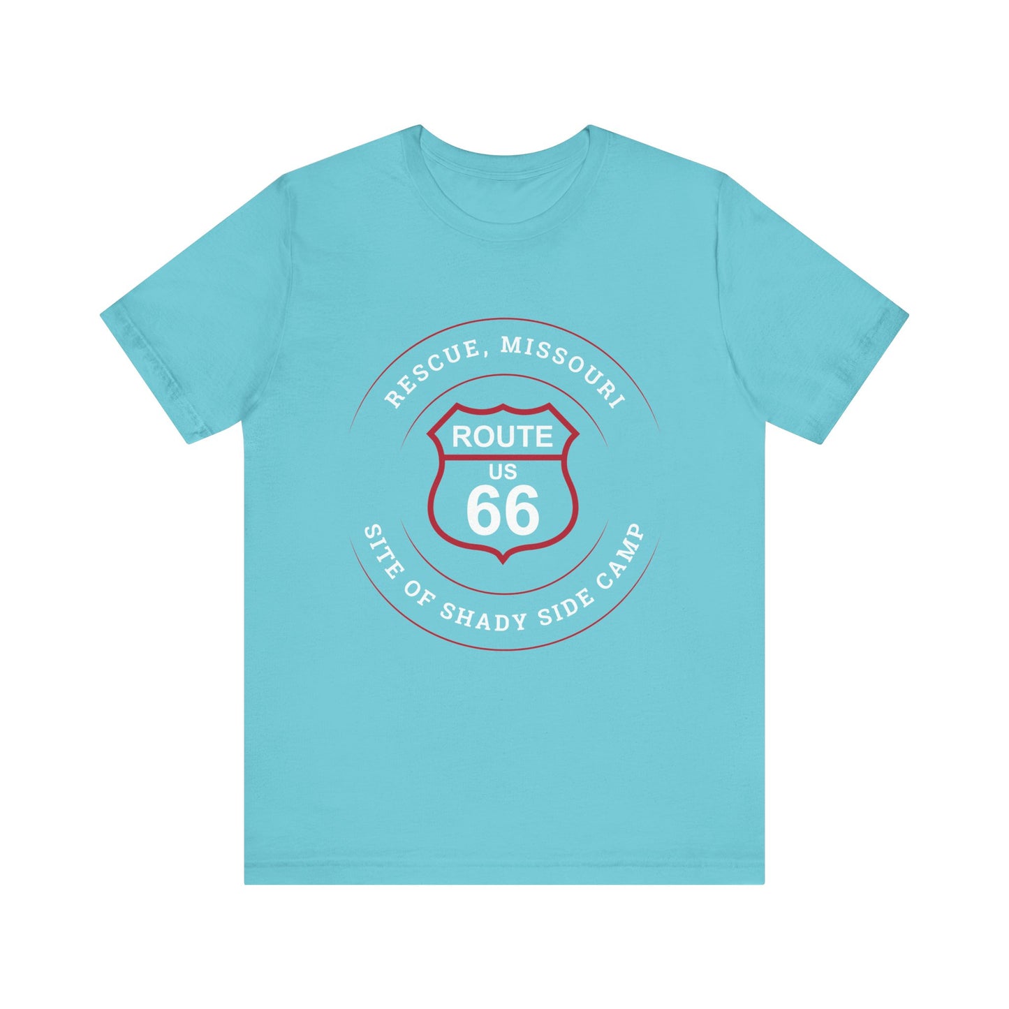 Turquoise retro Route 66 unisex jersey tee with Rescue, MO "Site of Shady Side Camp" design