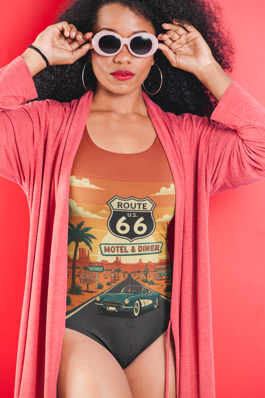Woman wearing Retro Route 66 one-piece swimsuit with sunglasses and red backdrop