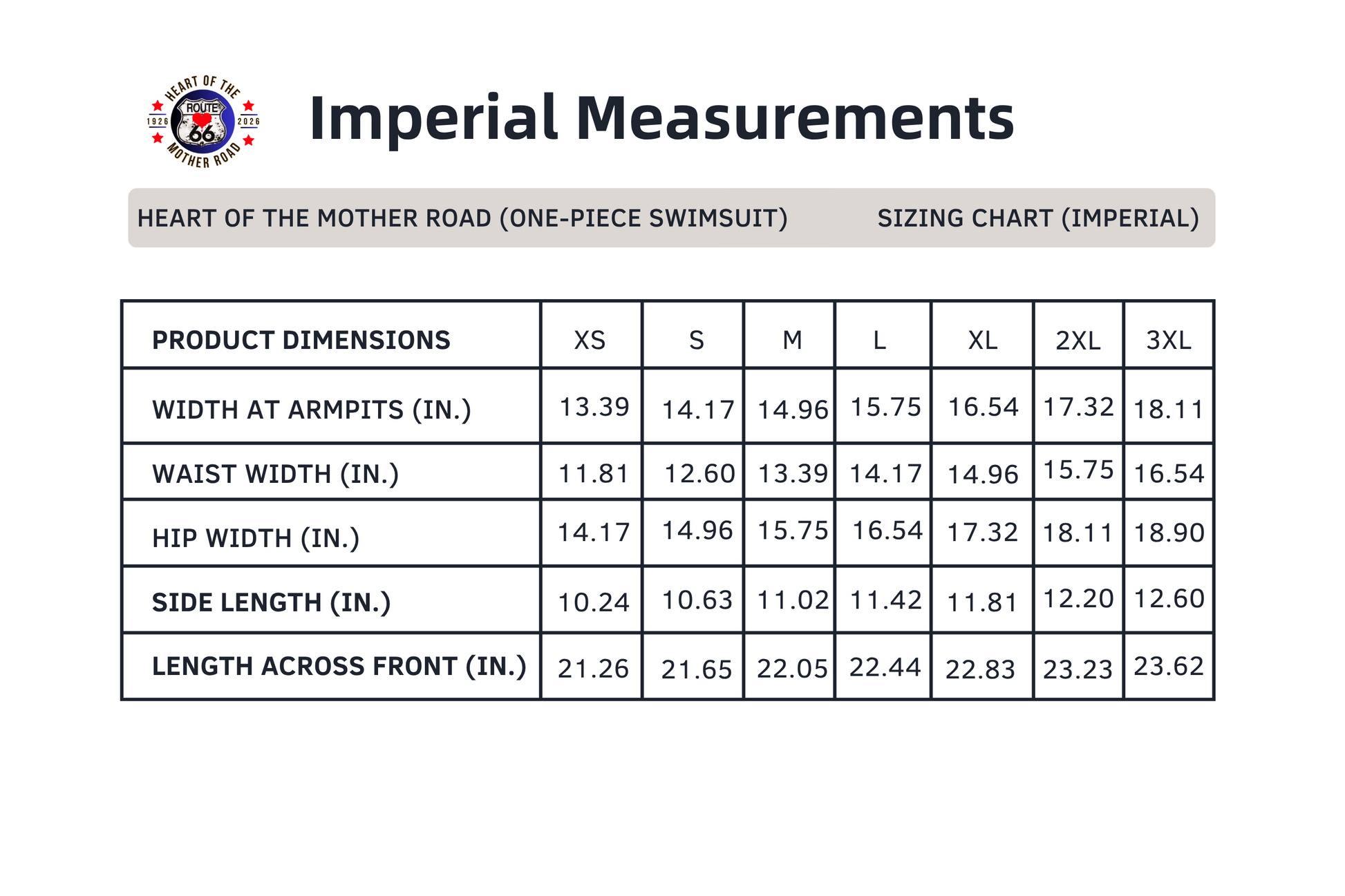 Imperial measurement sizing chart for the Retro Route 66 One-Piece Swimsuit