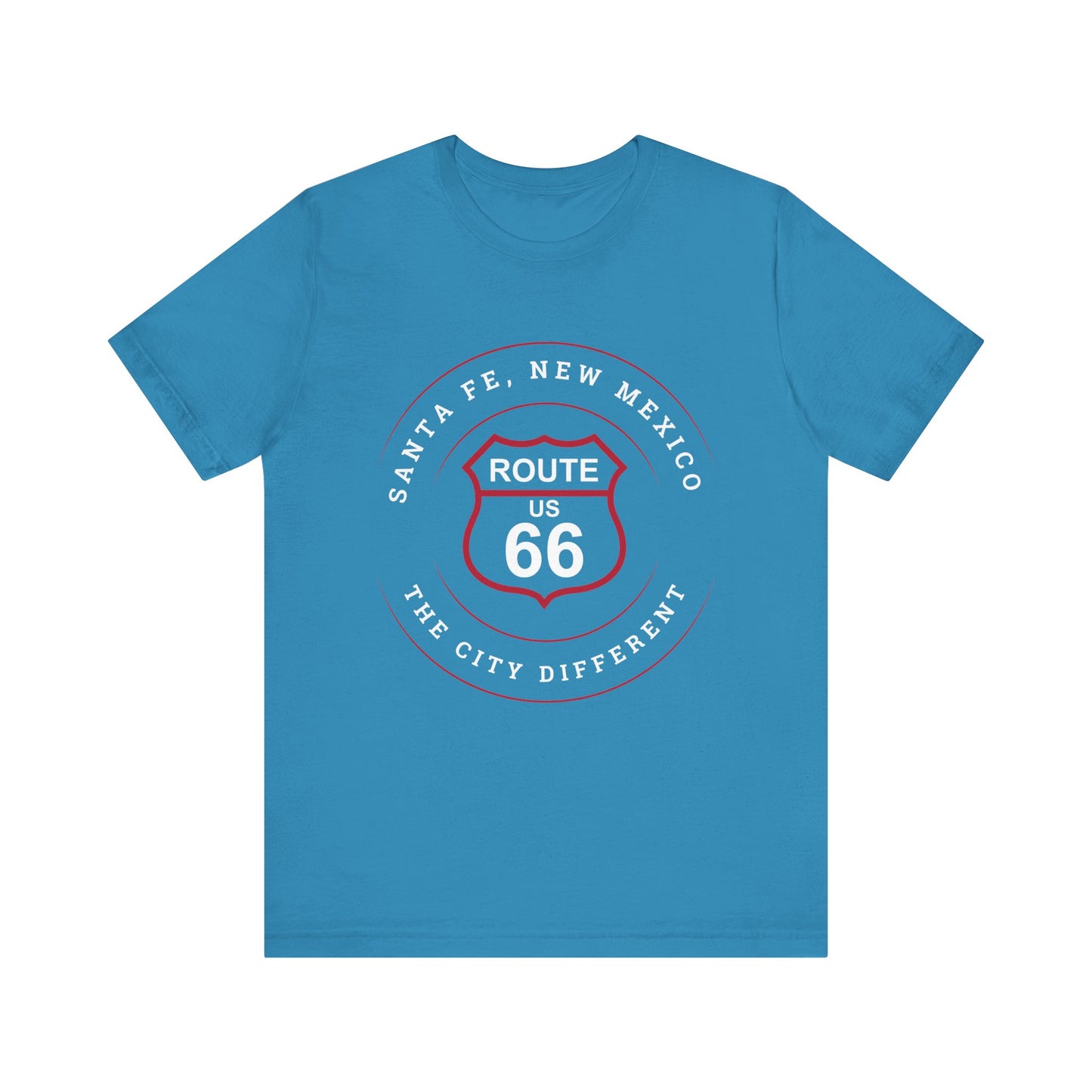 Aqua retro unisex jersey tee with Santa, Fe NM: "The City Different," graphic