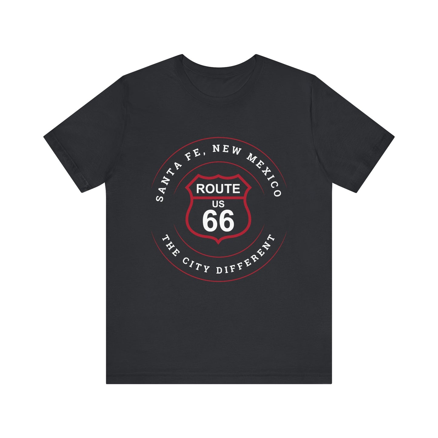 Black retro unisex jersey tee with Santa, Fe NM: "The City Different," graphic