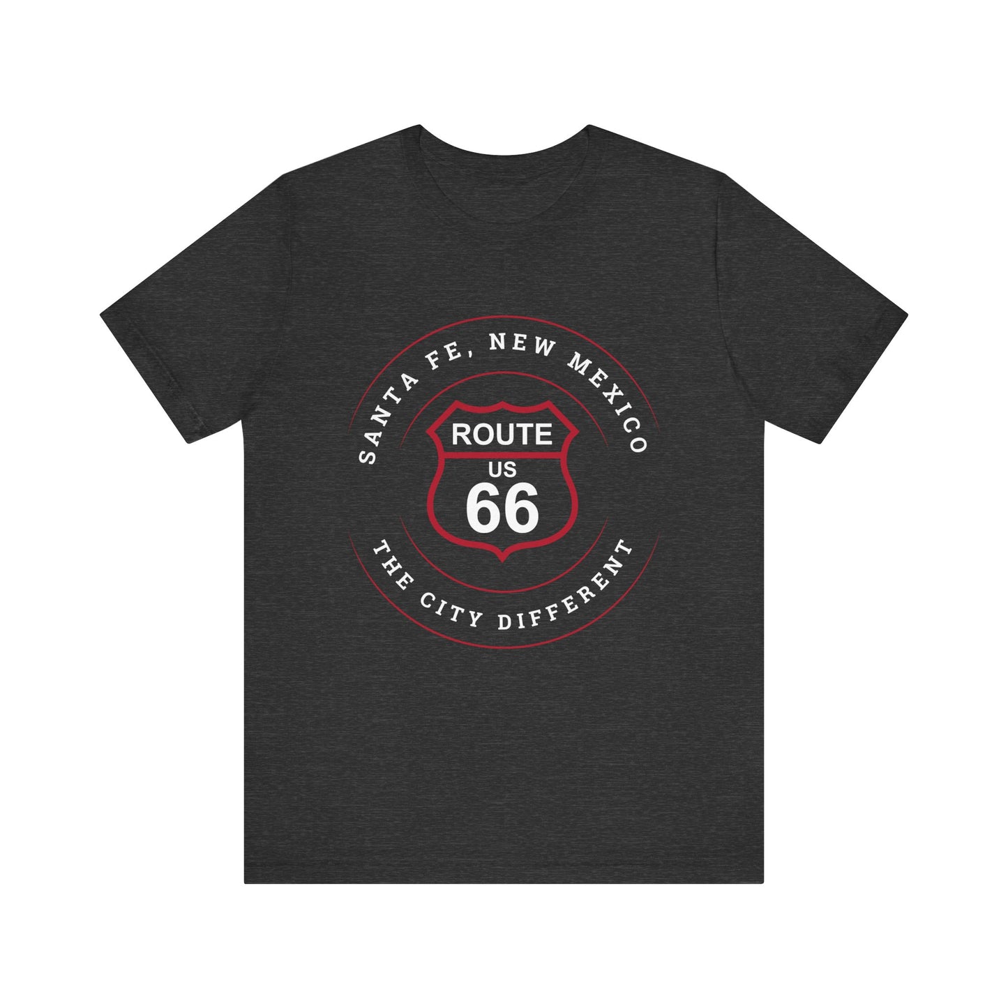 Heather navy retro unisex jersey tee with Santa, Fe NM: "The City Different," graphic