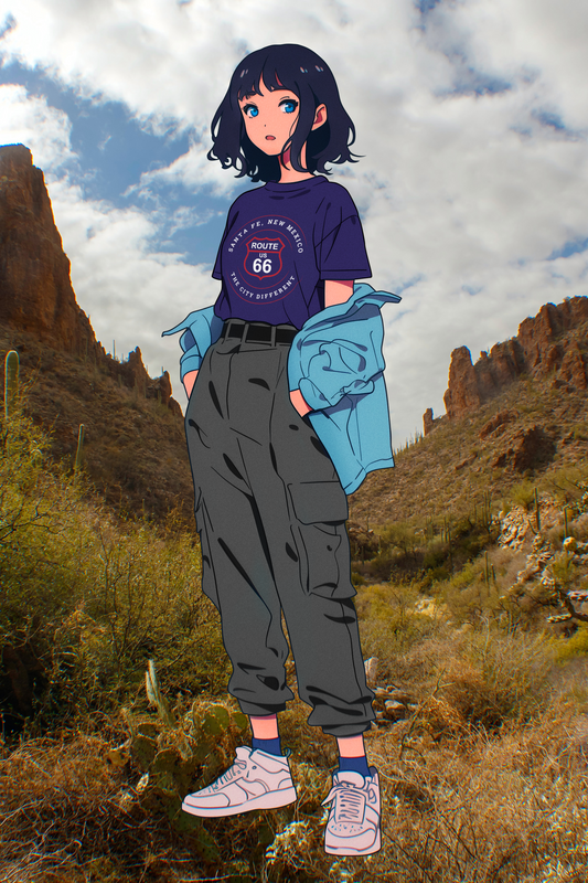 An animated girl wearing a team navy retro Route 66 unisex jersey tee featuring Santa Fe, NM: "The City Different," design.