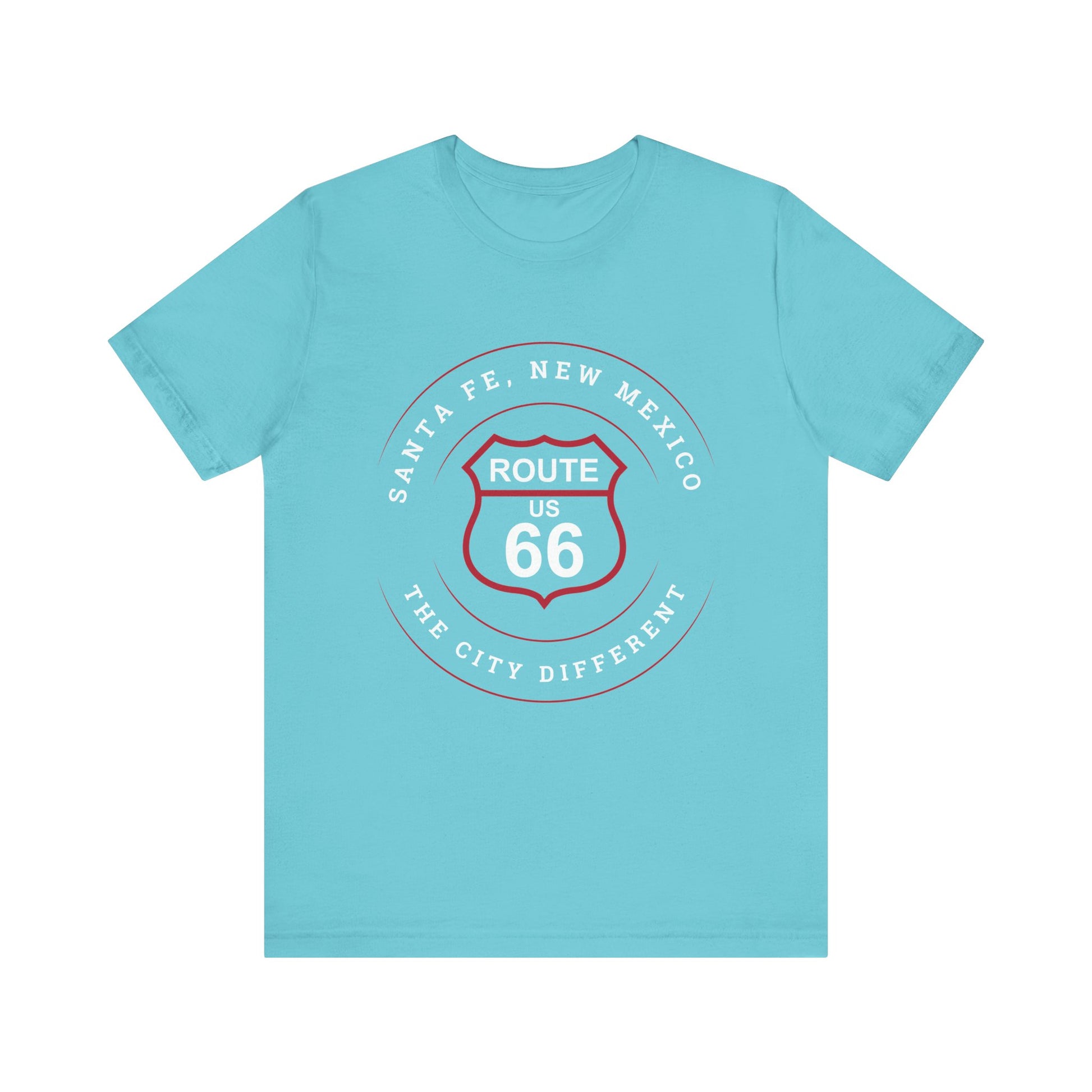 Turquoise retro unisex jersey tee with Santa, Fe NM: "The City Different," graphic
