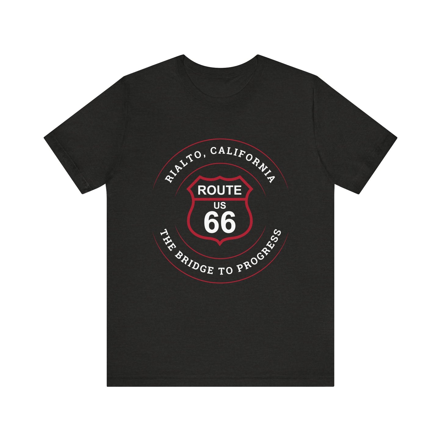 Black heather retro Route 66 unisex jersey tee with Rialto, CA: "The Bridge to Progress" design
