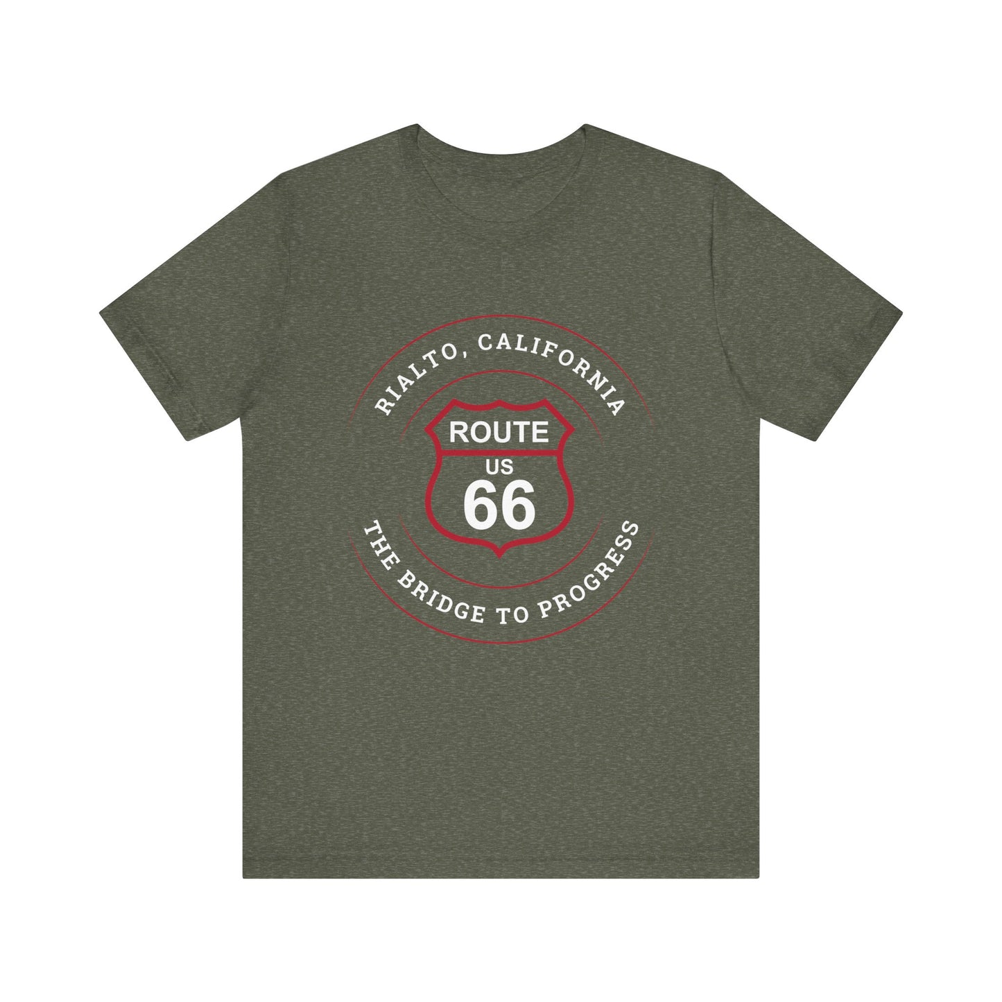 Heather military green retro Route 66 unisex jersey tee with Rialto, CA: "The Bridge to Progress" design