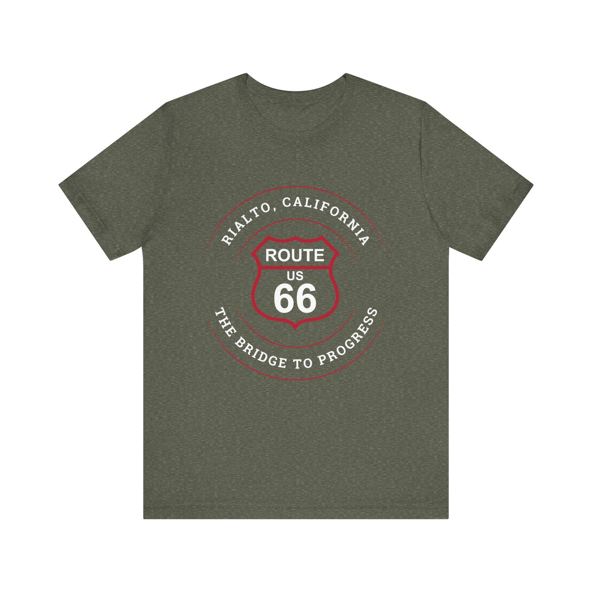 Heather military green retro Route 66 unisex jersey tee with Rialto, CA: "The Bridge to Progress" design