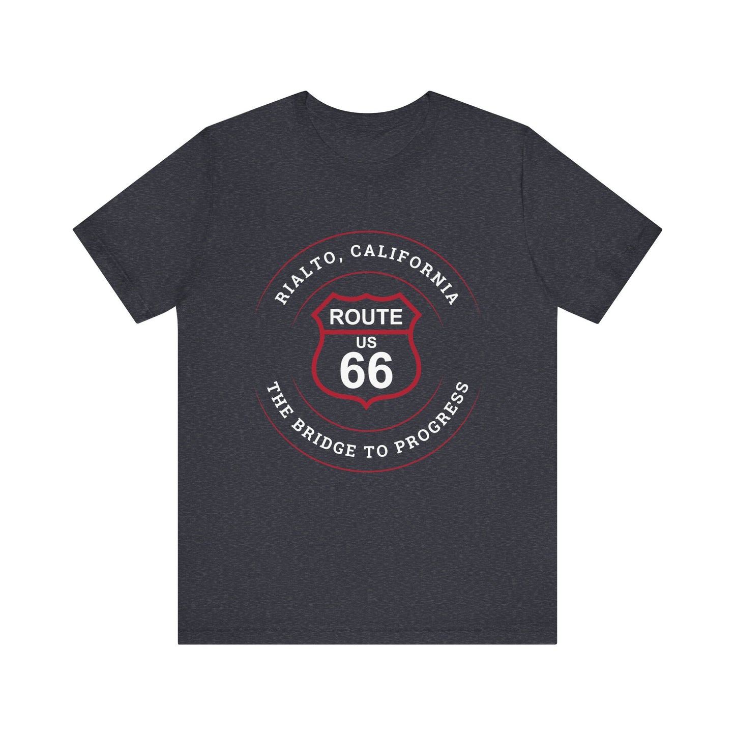 Heather navy retro Route 66 unisex jersey tee with Rialto, CA: "The Bridge to Progress" design