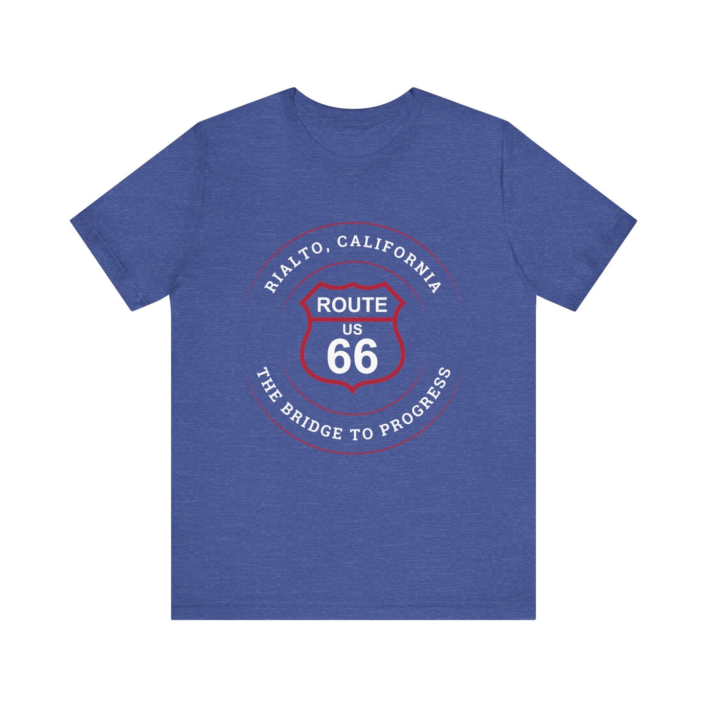 Heather true royal retro Route 66 unisex jersey tee with Rialto, CA: "The Bridge to Progress" design
