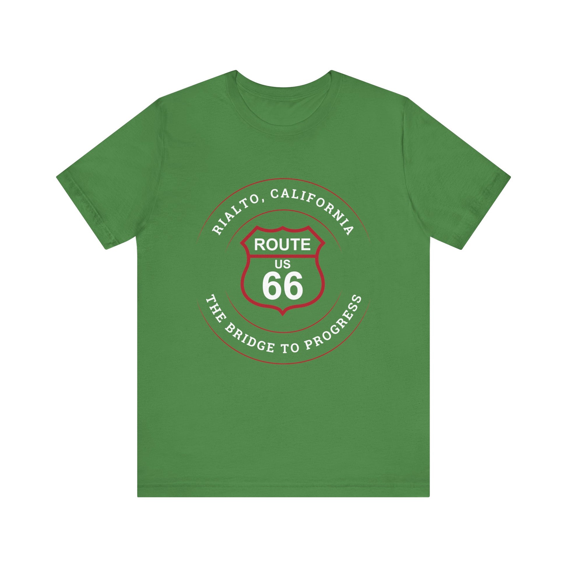 Leaf retro Route 66 unisex jersey tee with Rialto, CA: "The Bridge to Progress" design