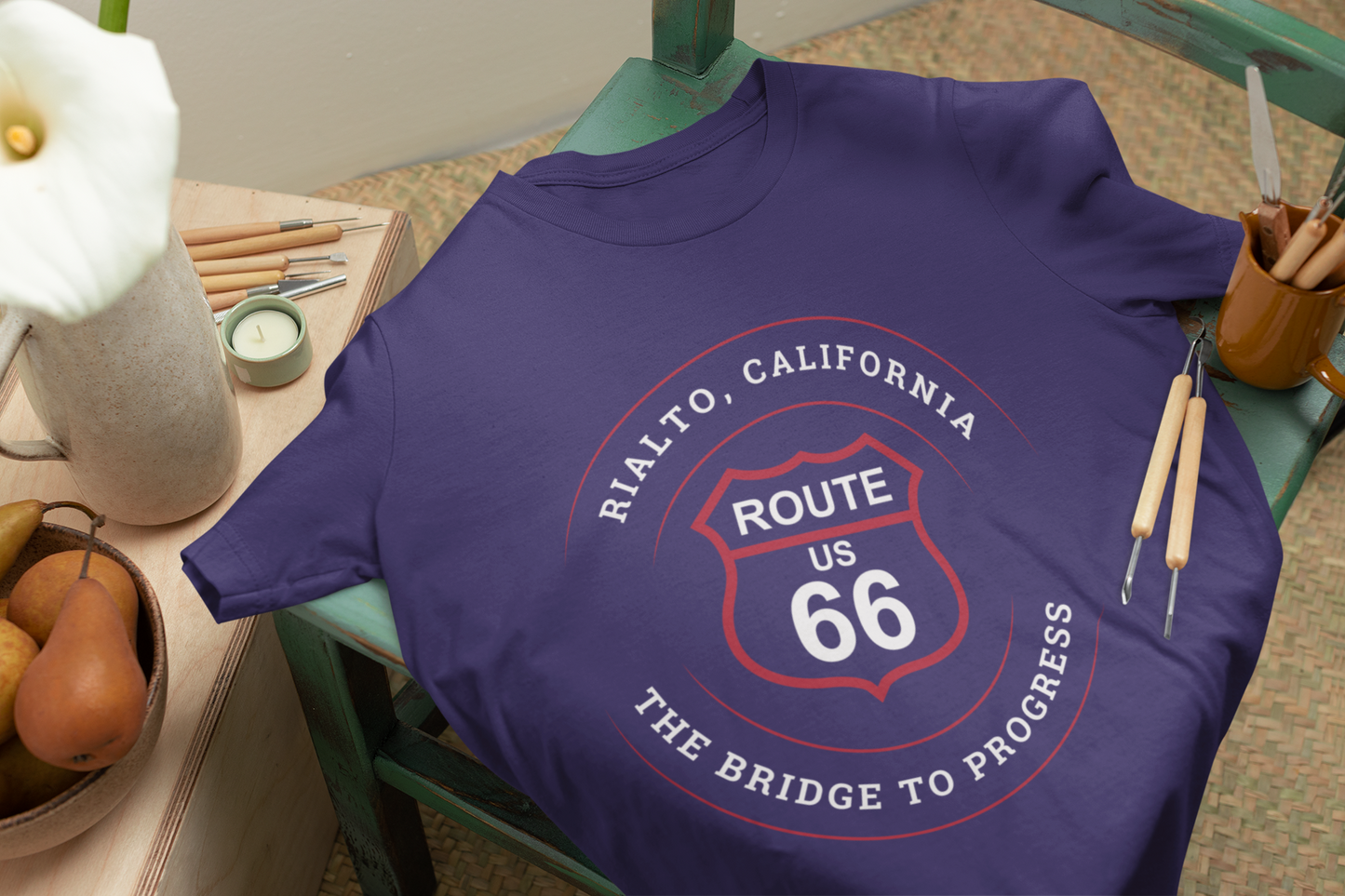 Folded team navy retro Route 66 unisex jersey tee with Rialto, CA: "The Bridge to Progress" design