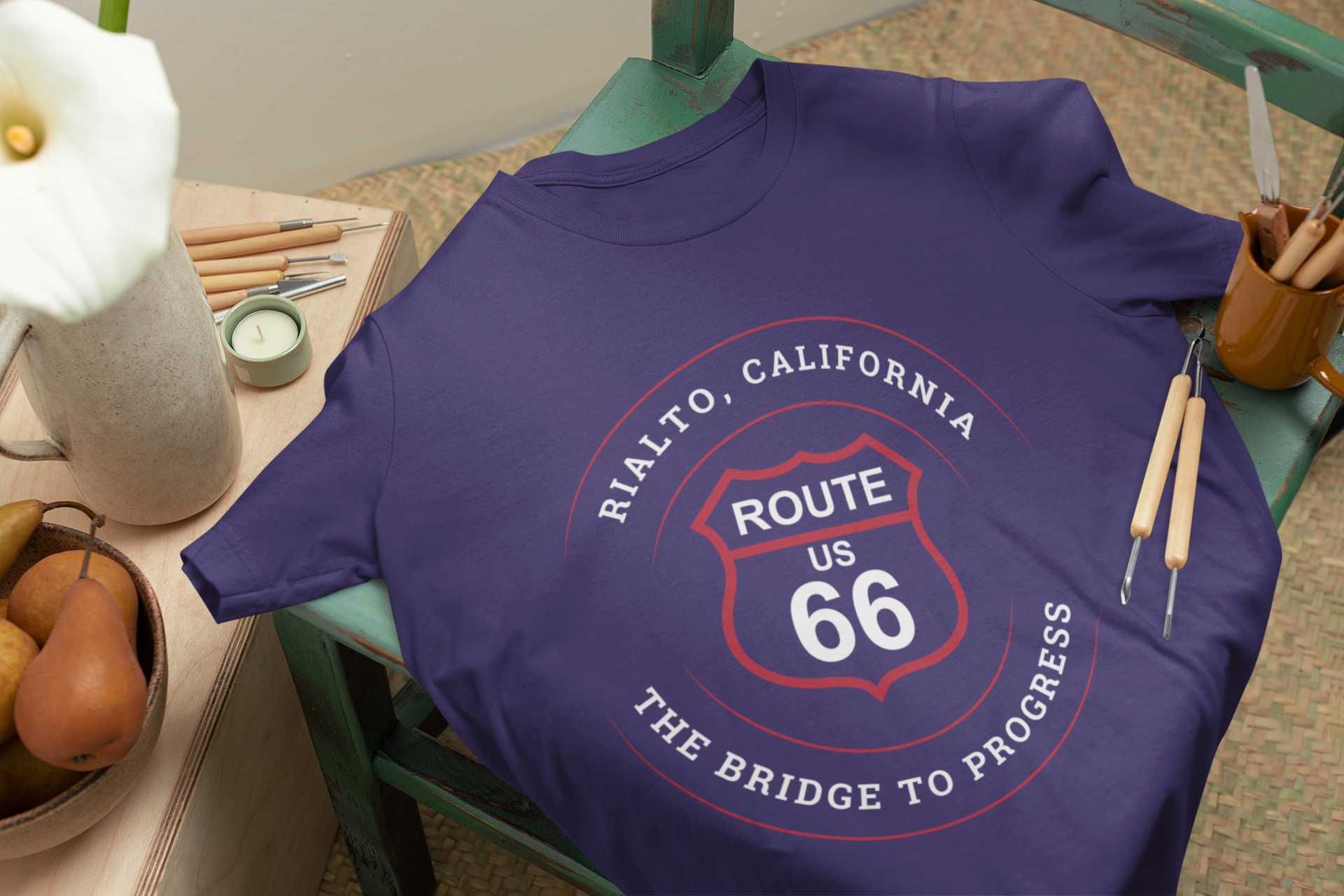 Folded team navy retro Route 66 unisex jersey tee with Rialto, CA: "The Bridge to Progress" design