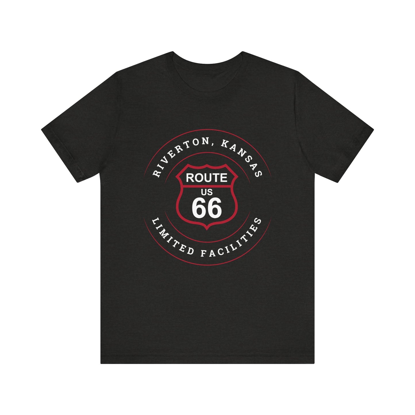 Black heather retro Route 66 unisex jersey tee with Riverton, KS "Limited Facilities" design