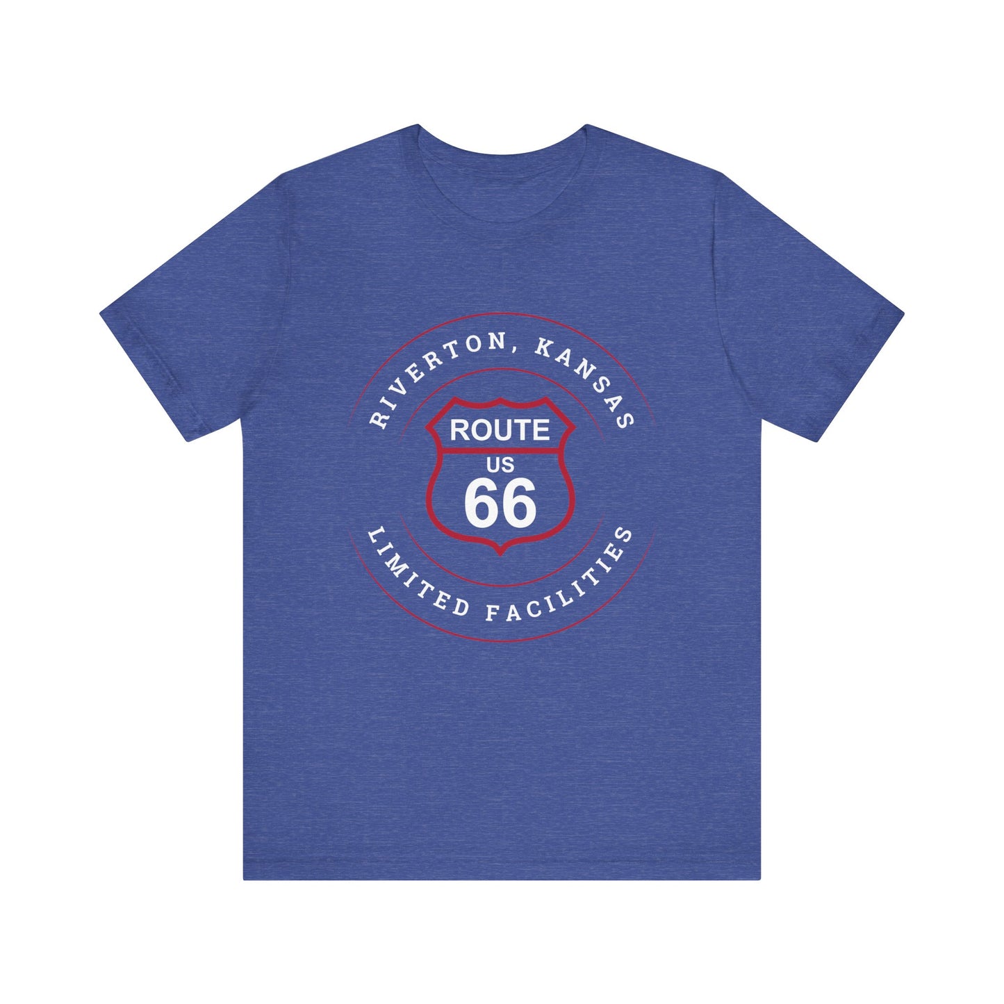 Heather true royal retro Route 66 unisex jersey tee with Riverton, KS "Limited Facilities" design