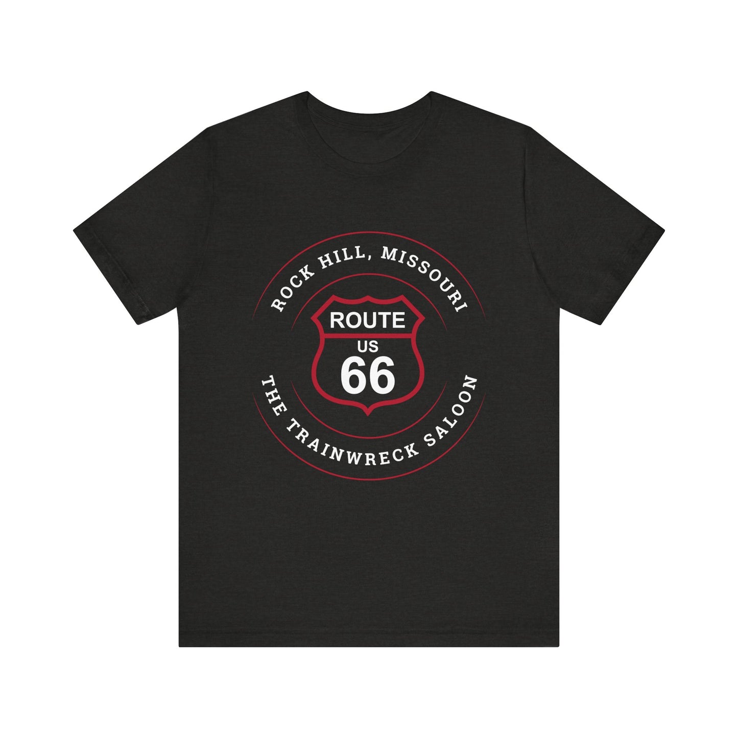 Black heather retro Route 66 unisex jersey tee with Rock Hill, MO: "The Trainwreck Saloon" design