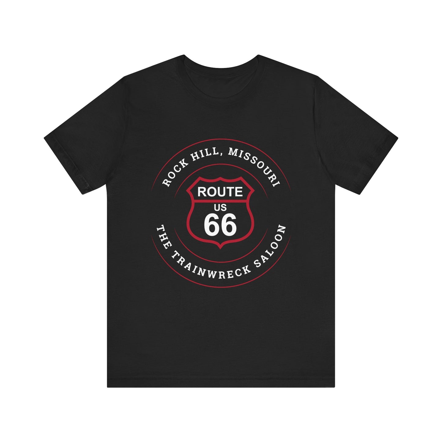 Black retro Route 66 unisex jersey tee with Rock Hill, MO: "The Trainwreck Saloon" design