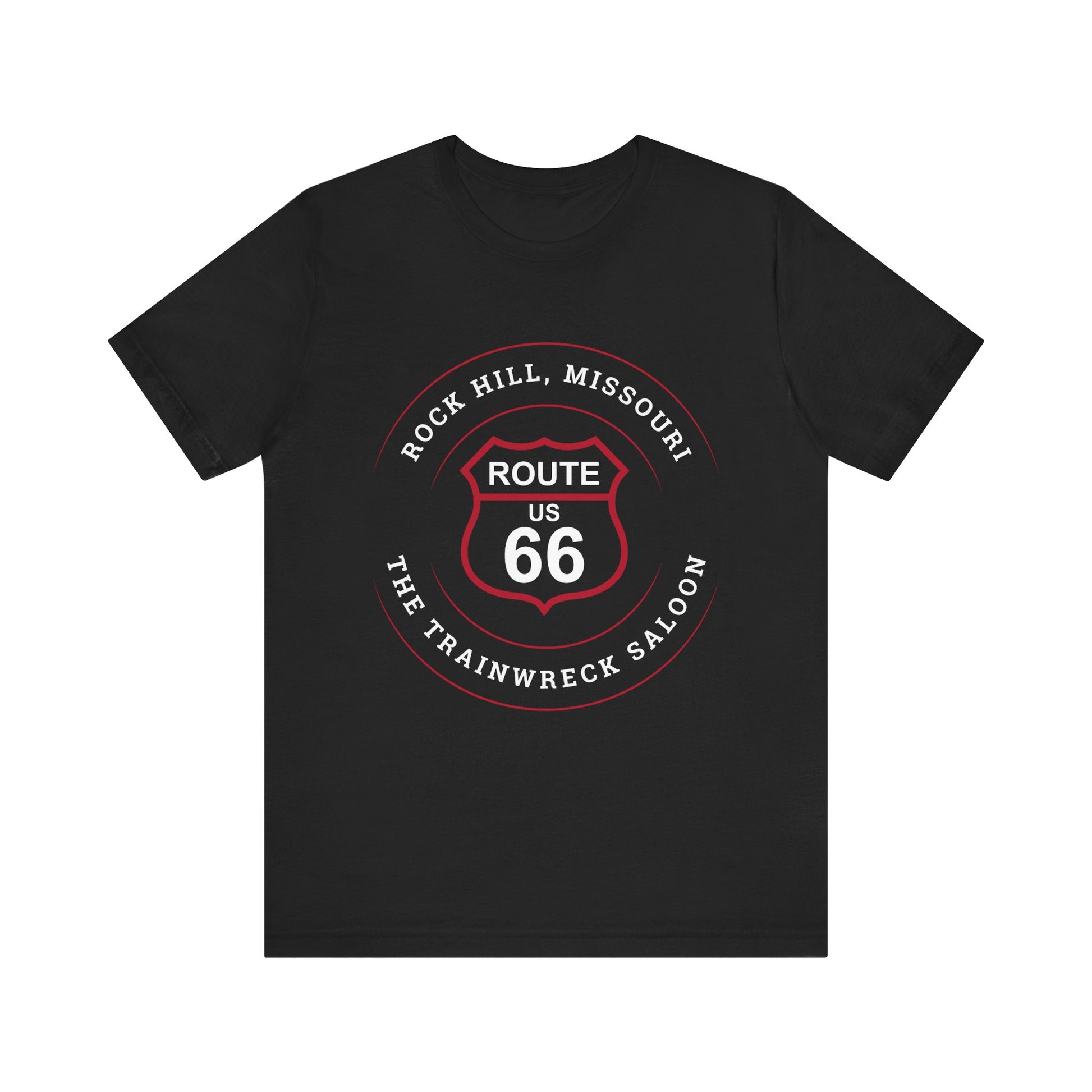 Black retro Route 66 unisex jersey tee with Rock Hill, MO: "The Trainwreck Saloon" design