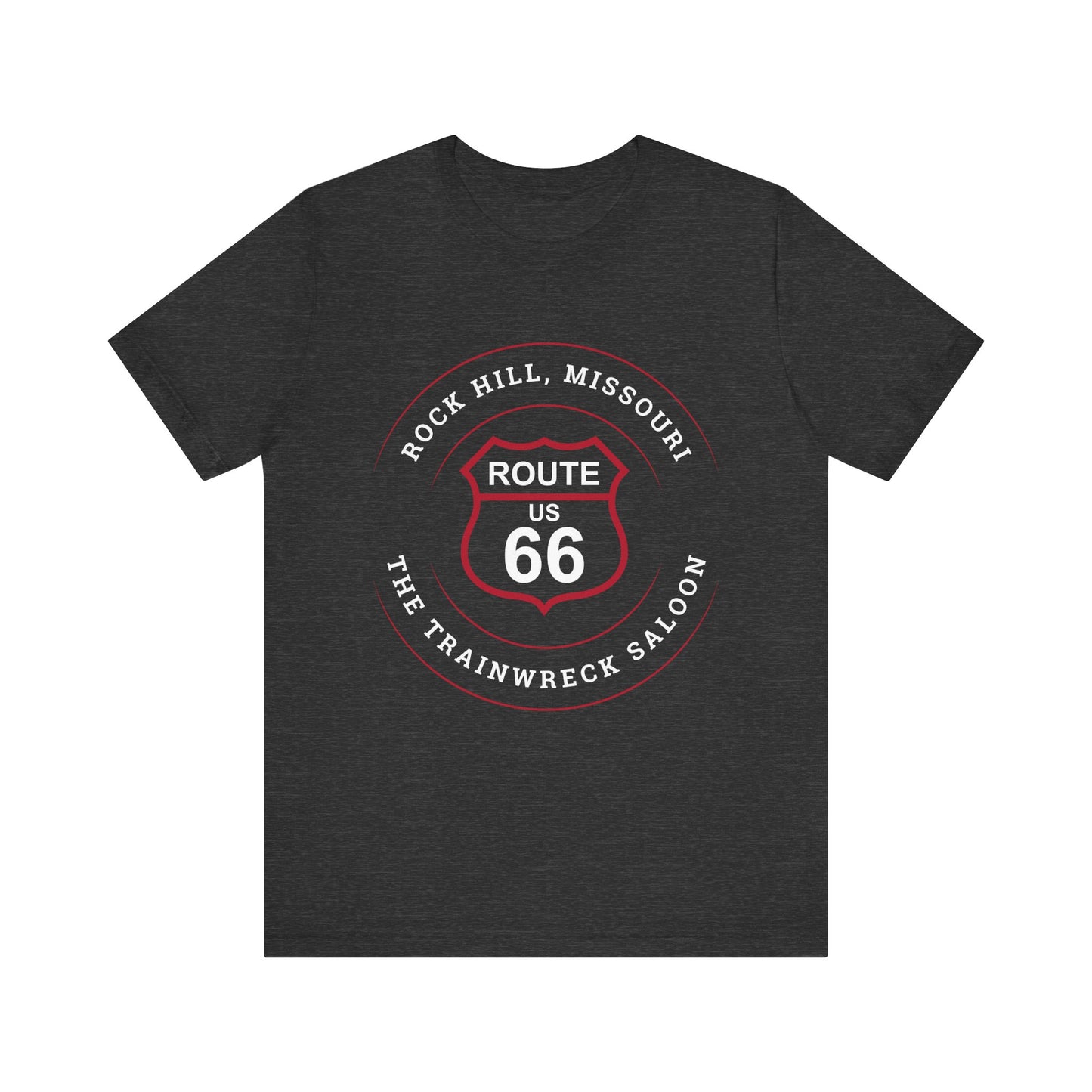 Dark grey heather retro Route 66 unisex jersey tee with Rock Hill, MO: "The Trainwreck Saloon" design