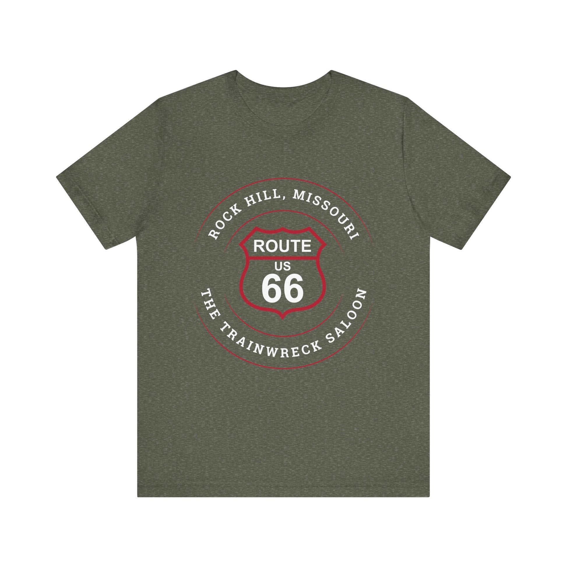 Heather military green retro Route 66 unisex jersey tee with Rock Hill, MO: "The Trainwreck Saloon" design