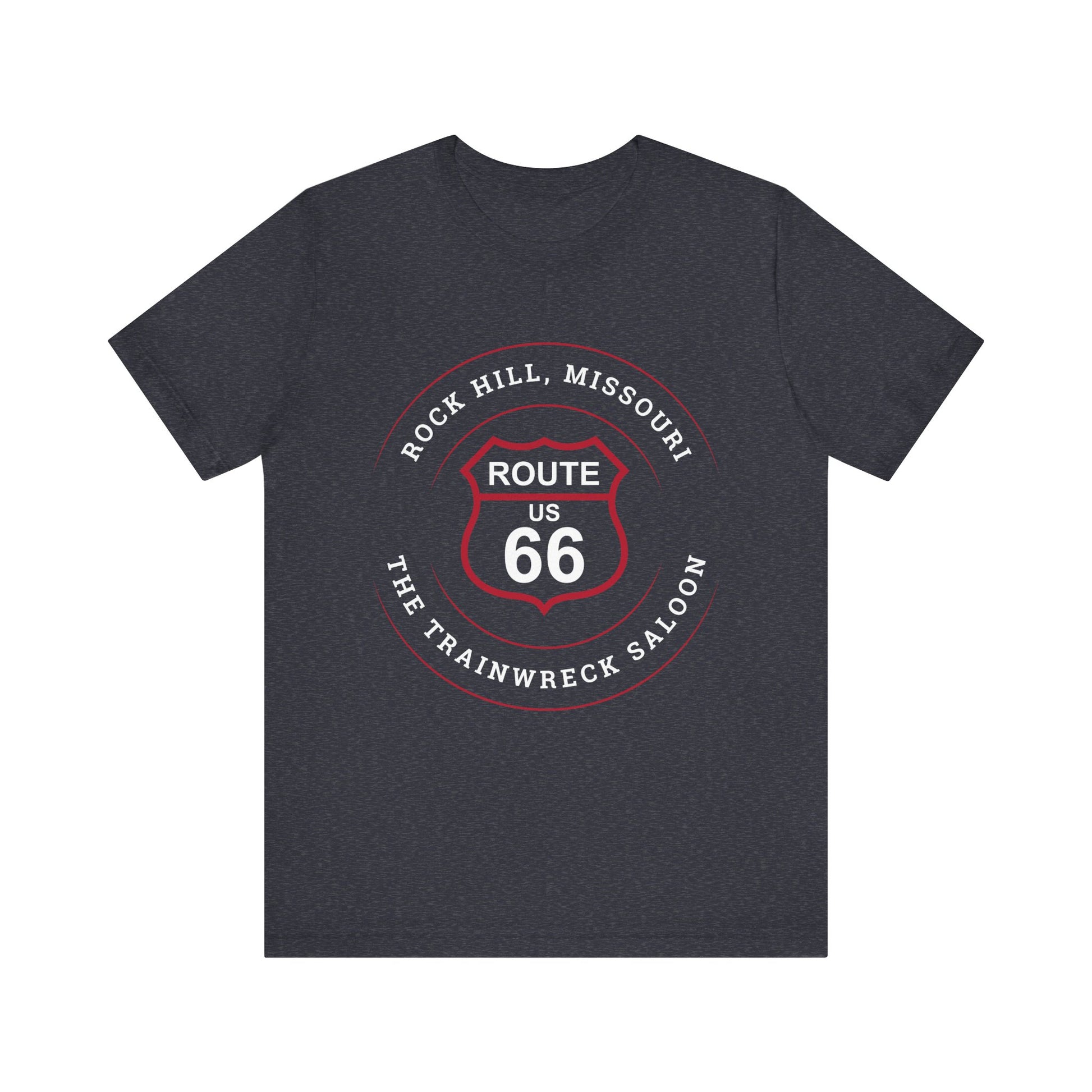 Heather navy retro Route 66 unisex jersey tee with Rock Hill, MO: "The Trainwreck Saloon" design