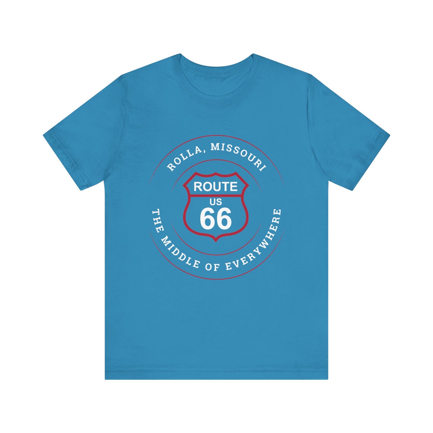 Aqua retro Route 66 unisex jersey tee with Rolla, MO: "The Middle of Everywhere" design