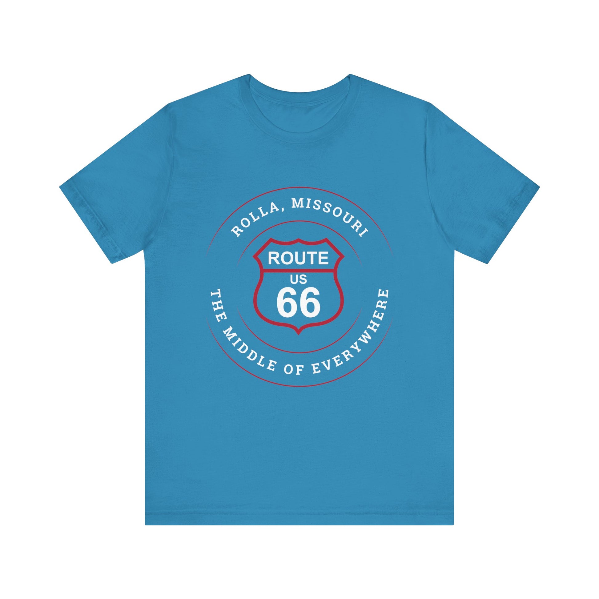 Aqua retro Route 66 unisex jersey tee with Rolla, MO: "The Middle of Everywhere" design