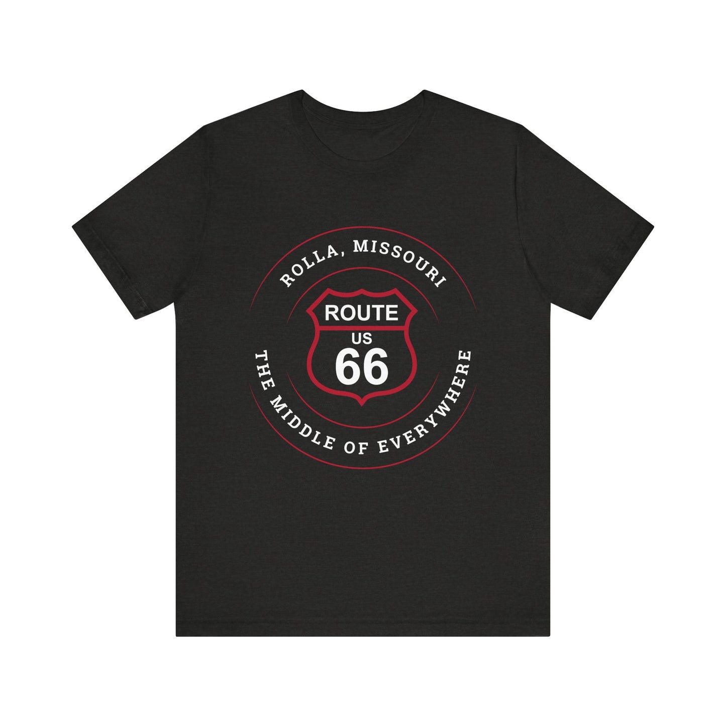 Black heather retro Route 66 unisex jersey tee with Rolla, MO: "The Middle of Everywhere" design