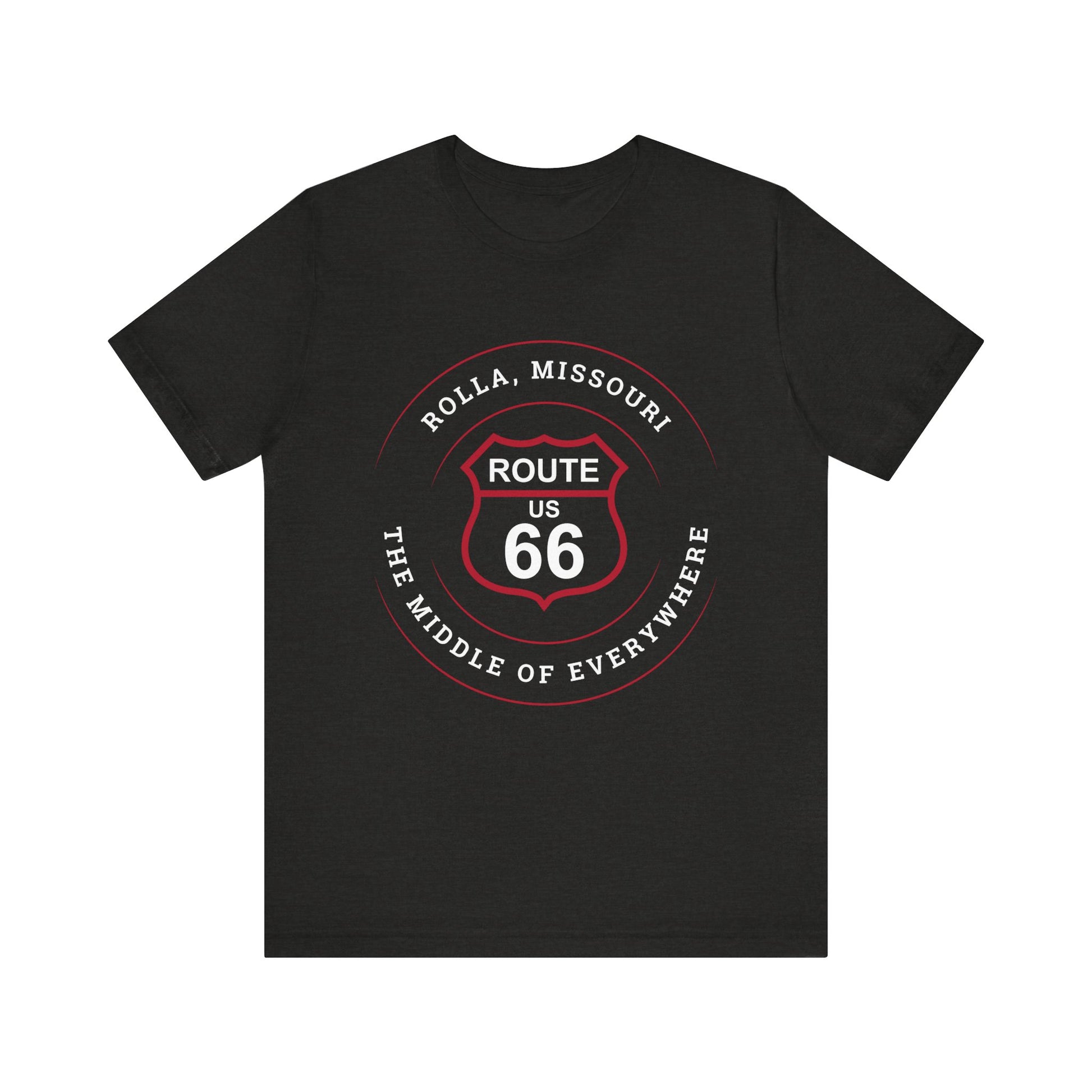Black heather retro Route 66 unisex jersey tee with Rolla, MO: "The Middle of Everywhere" design