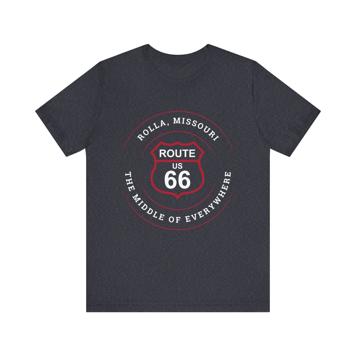Heather navy retro Route 66 unisex jersey tee with Rolla, MO: "The Middle of Everywhere" design
