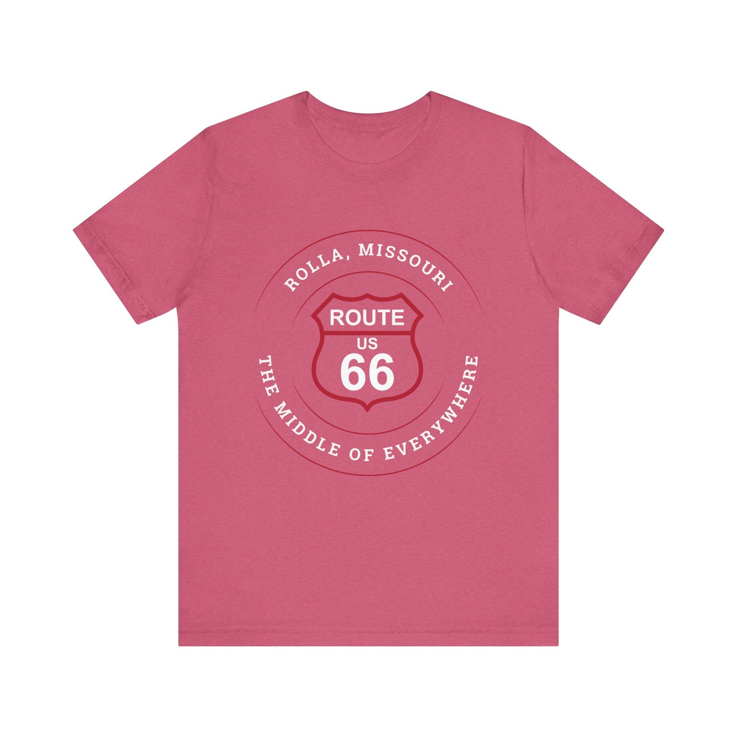 Heather raspberry retro Route 66 unisex jersey tee with Rolla, MO: "The Middle of Everywhere" design