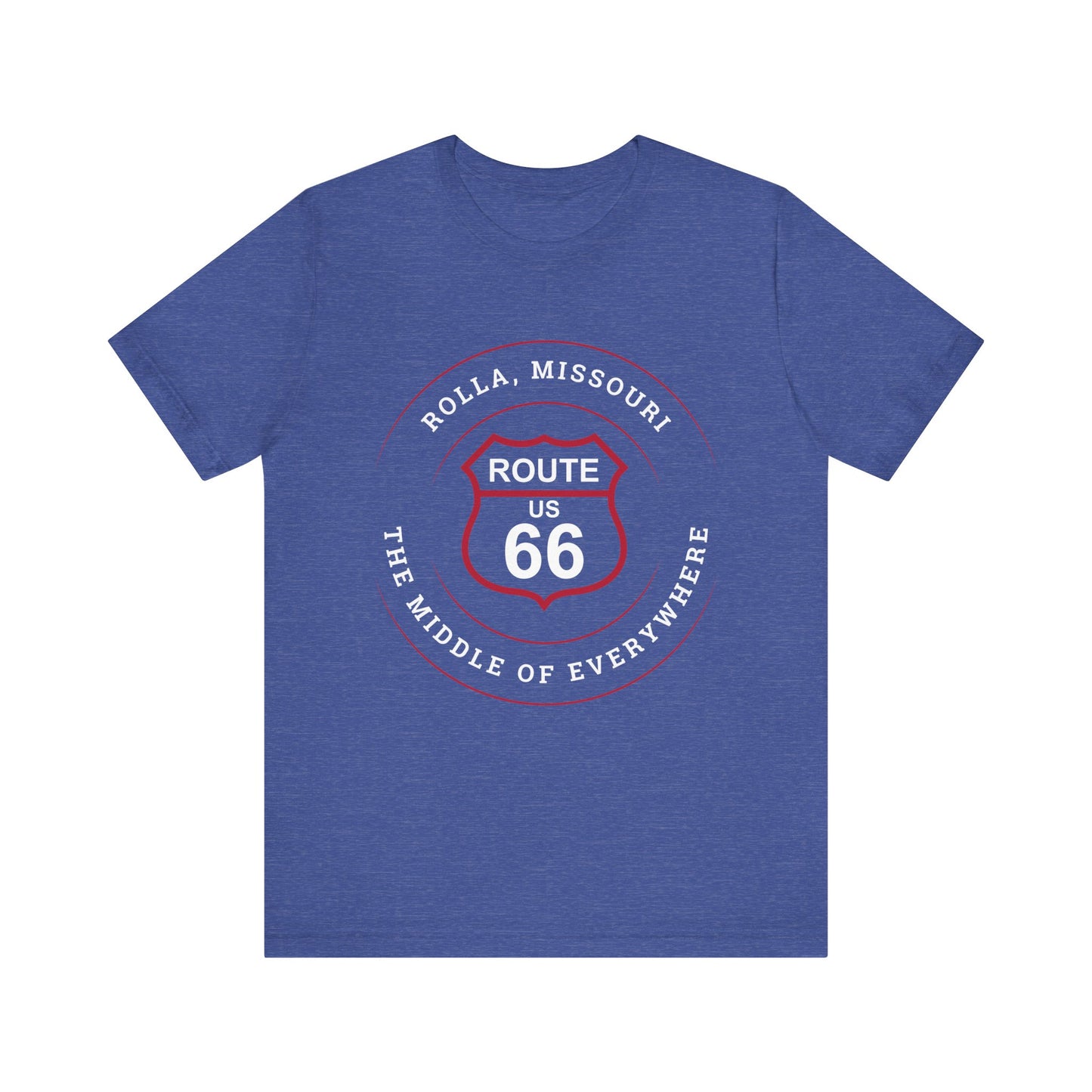 Heather true royal retro Route 66 unisex jersey tee with Rolla, MO: "The Middle of Everywhere" design