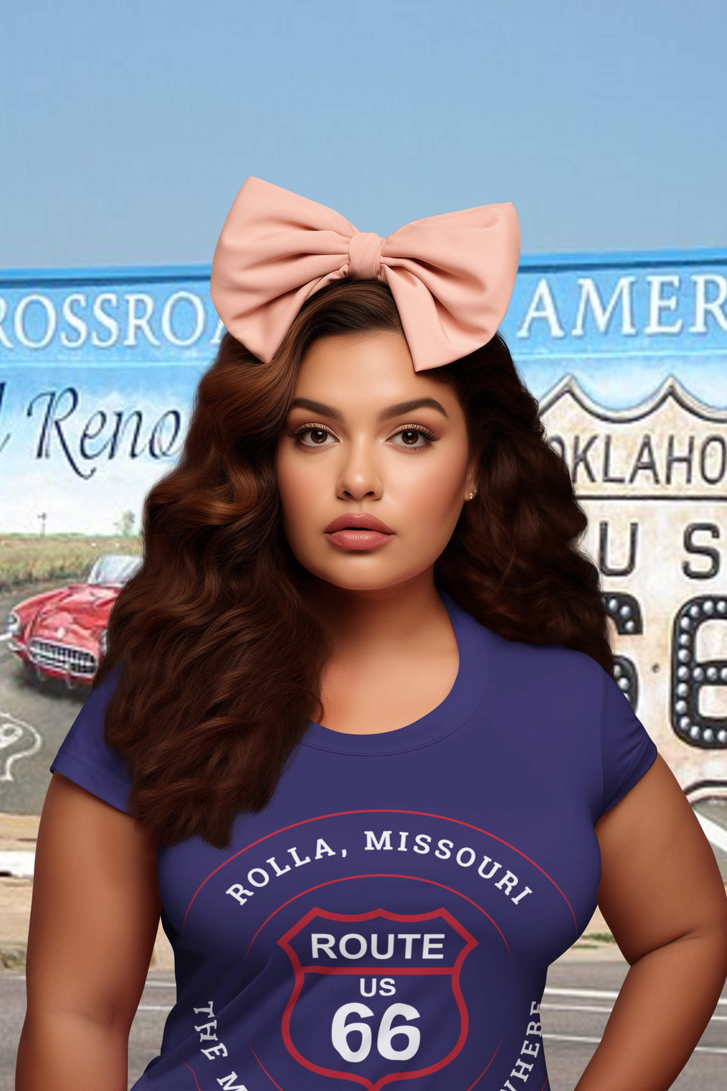 Female model standing in front of a Route 66 mural and wearing a team navy retro Route 66 unisex jersey tee with a Rolla, MO: "The Middle of Everywhere" design