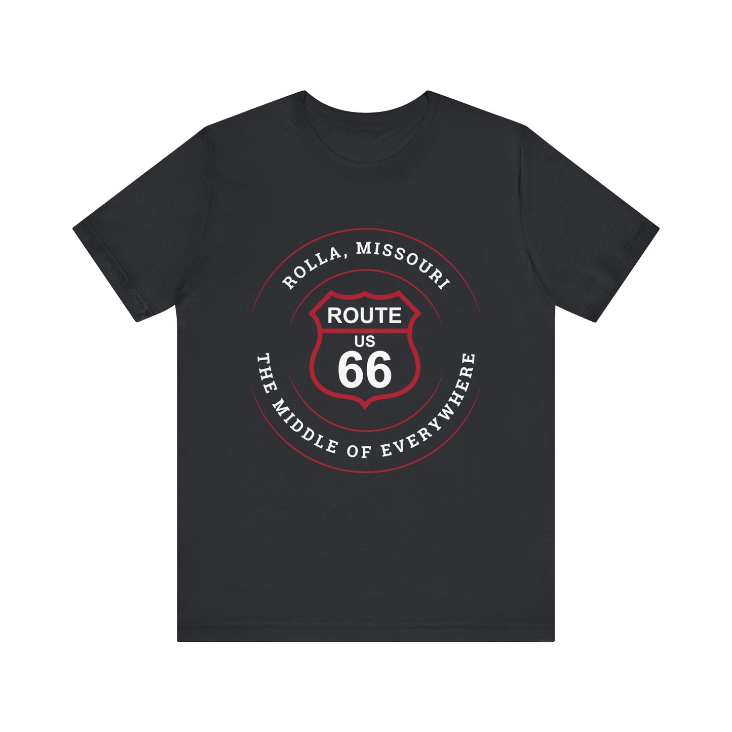 Vintage black retro Route 66 unisex jersey tee with Rolla, MO: "The Middle of Everywhere" design