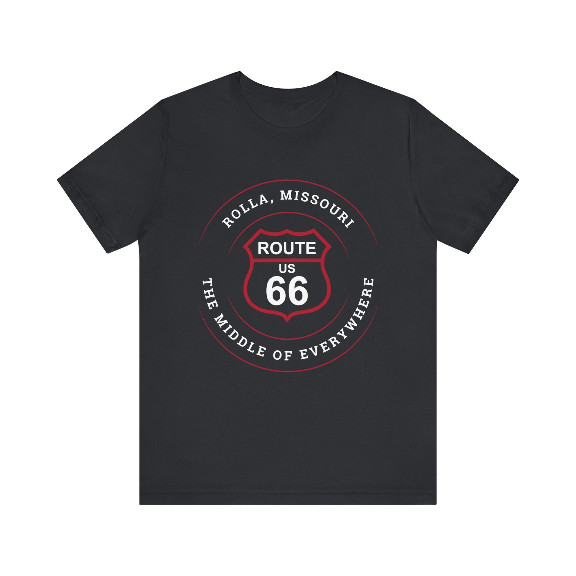 Vintage black retro Route 66 unisex jersey tee with Rolla, MO: "The Middle of Everywhere" design
