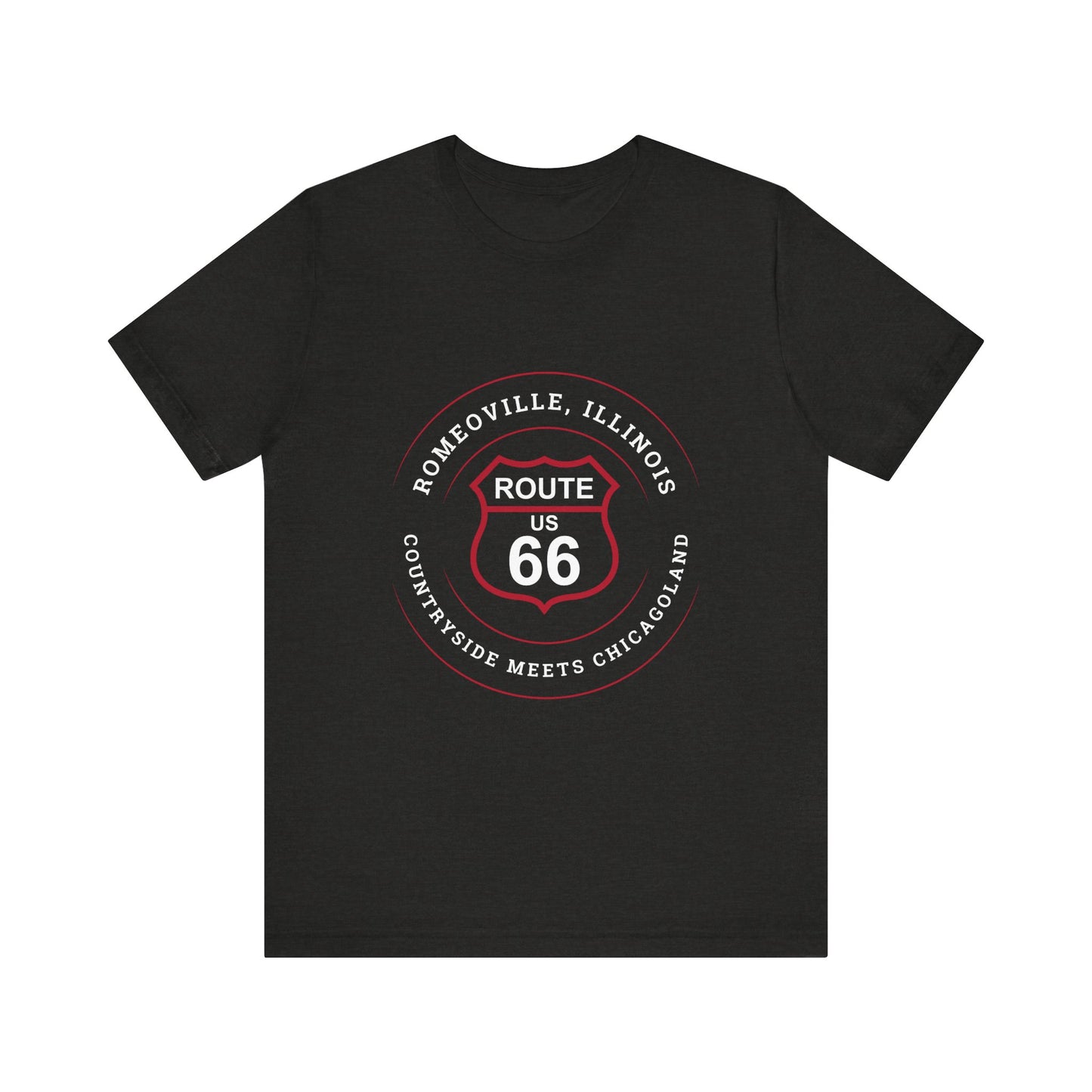Black heather retro Route 66 unisex jersey tee with Romeoville, IL: "Countryside Meets Chicagoland" design
