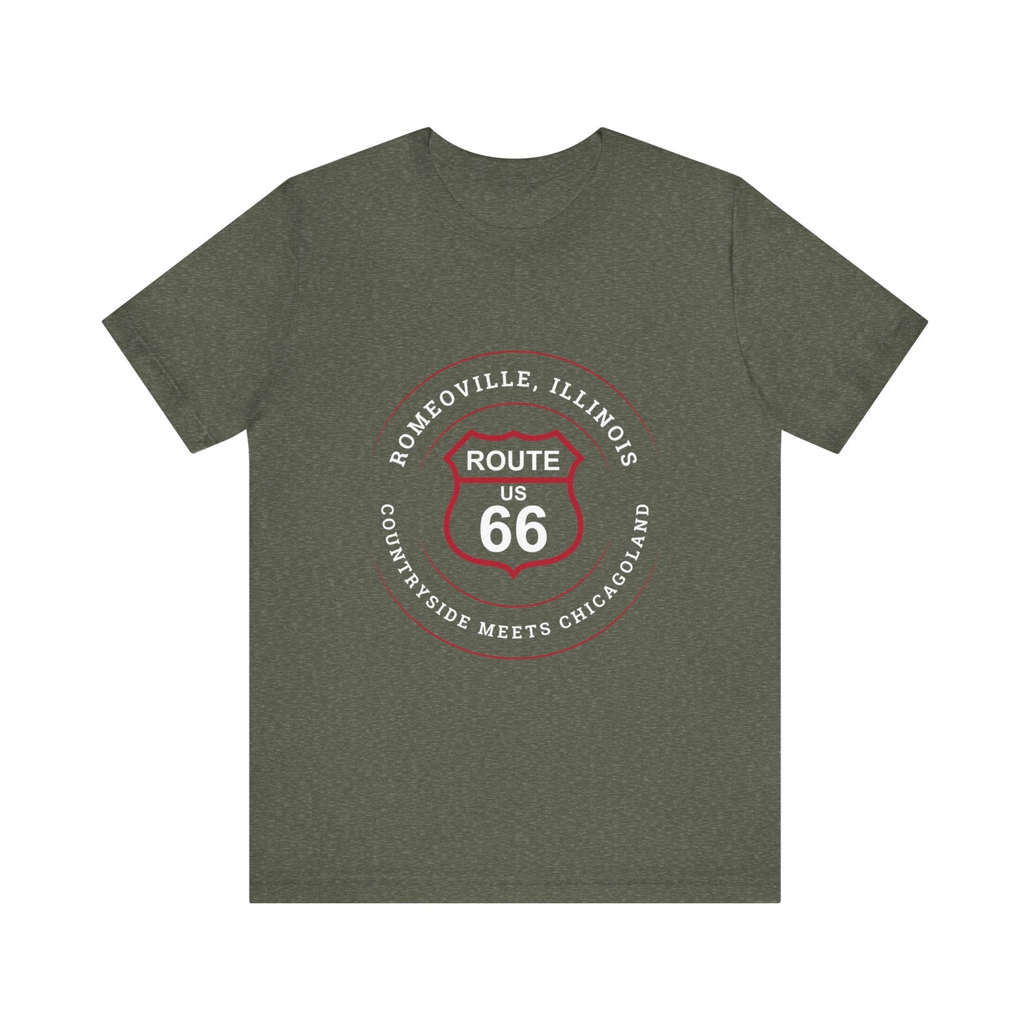 Heather military green retro Route 66 unisex jersey tee with Romeoville, IL: "Countryside Meets Chicagoland" design