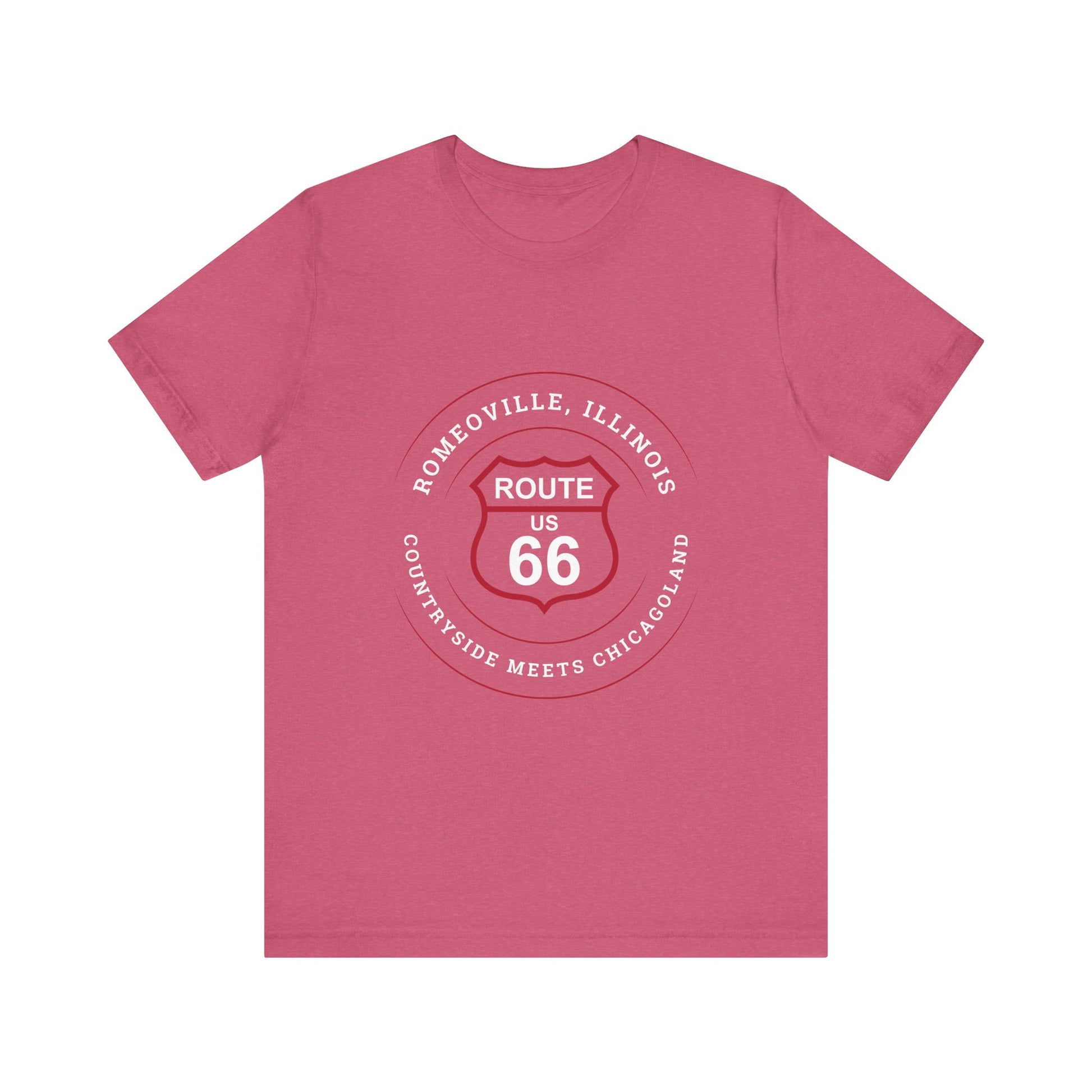 Heather raspberry retro Route 66 unisex jersey tee with Romeoville, IL: "Countryside Meets Chicagoland" design