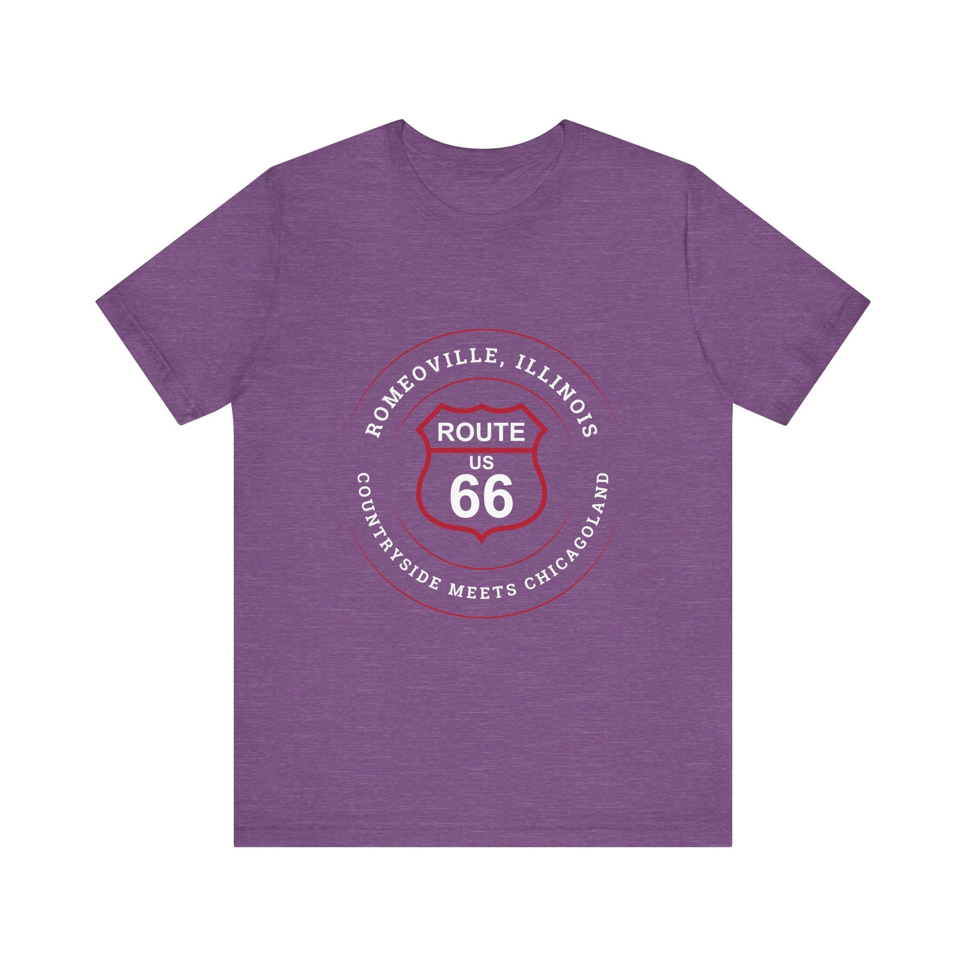 Heather team purple retro Route 66 unisex jersey tee with Romeoville, IL: "Countryside Meets Chicagoland" design