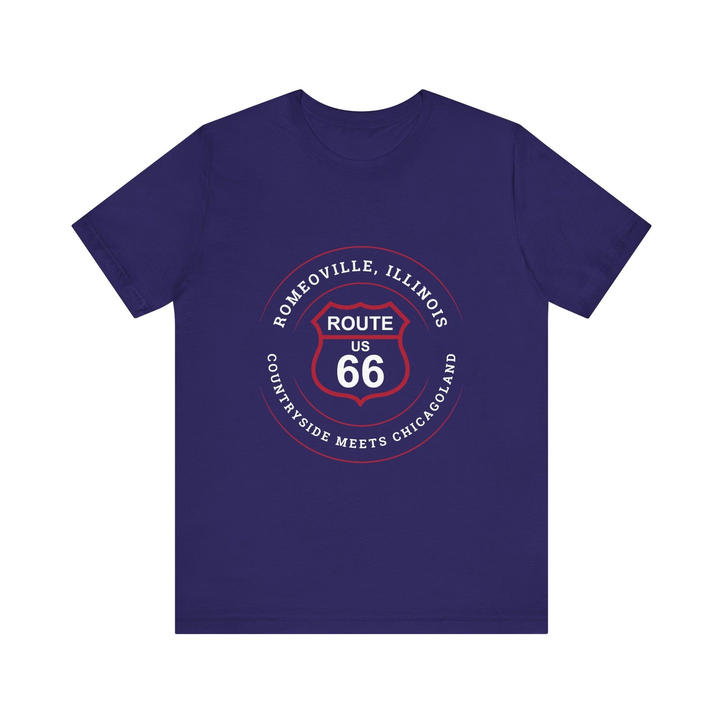 Team navy retro Route 66 unisex jersey tee with Romeoville, IL: "Countryside Meets Chicagoland" design