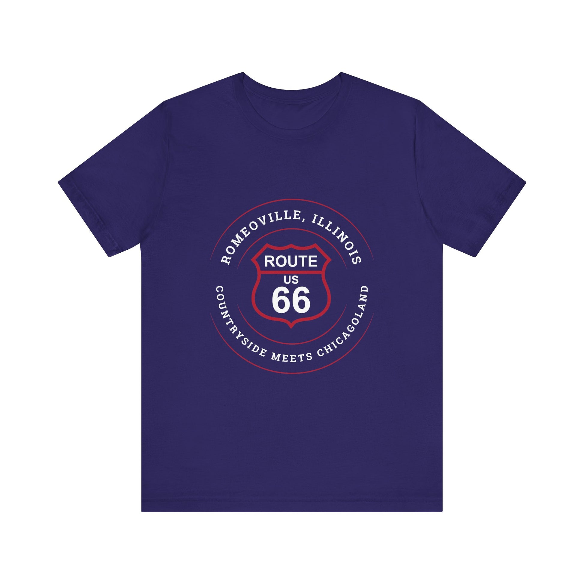 Team navy retro Route 66 unisex jersey tee with Romeoville, IL: "Countryside Meets Chicagoland" design