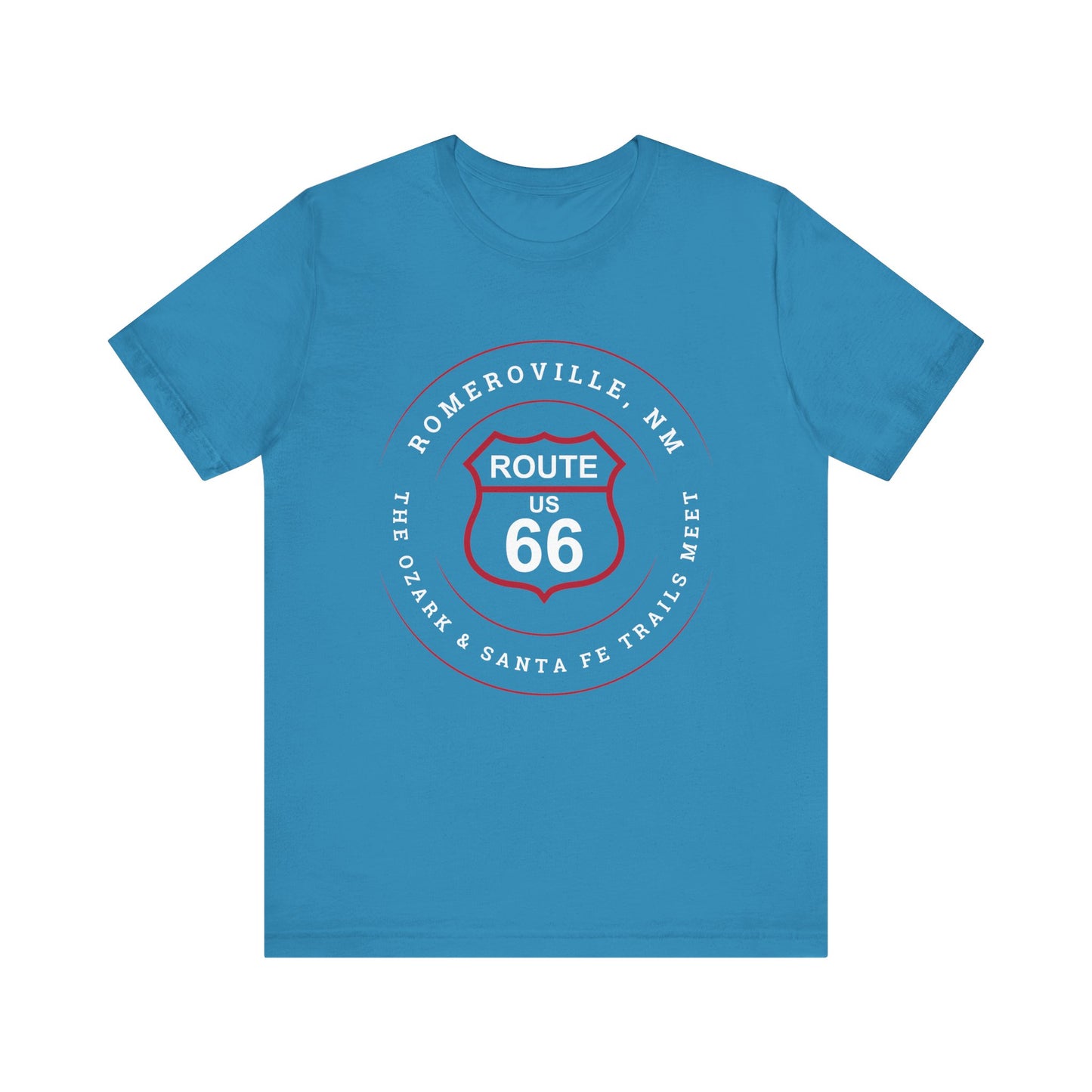 Aqua retro Route 66 unisex jersey tee with Romeroville, NM: "The Ozark & Santa Fe Trails Meet" design