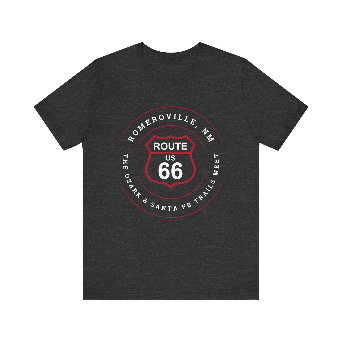 Dark grey heather retro Route 66 unisex jersey tee with Romeroville, NM: "The Ozark & Santa Fe Trails Meet" design