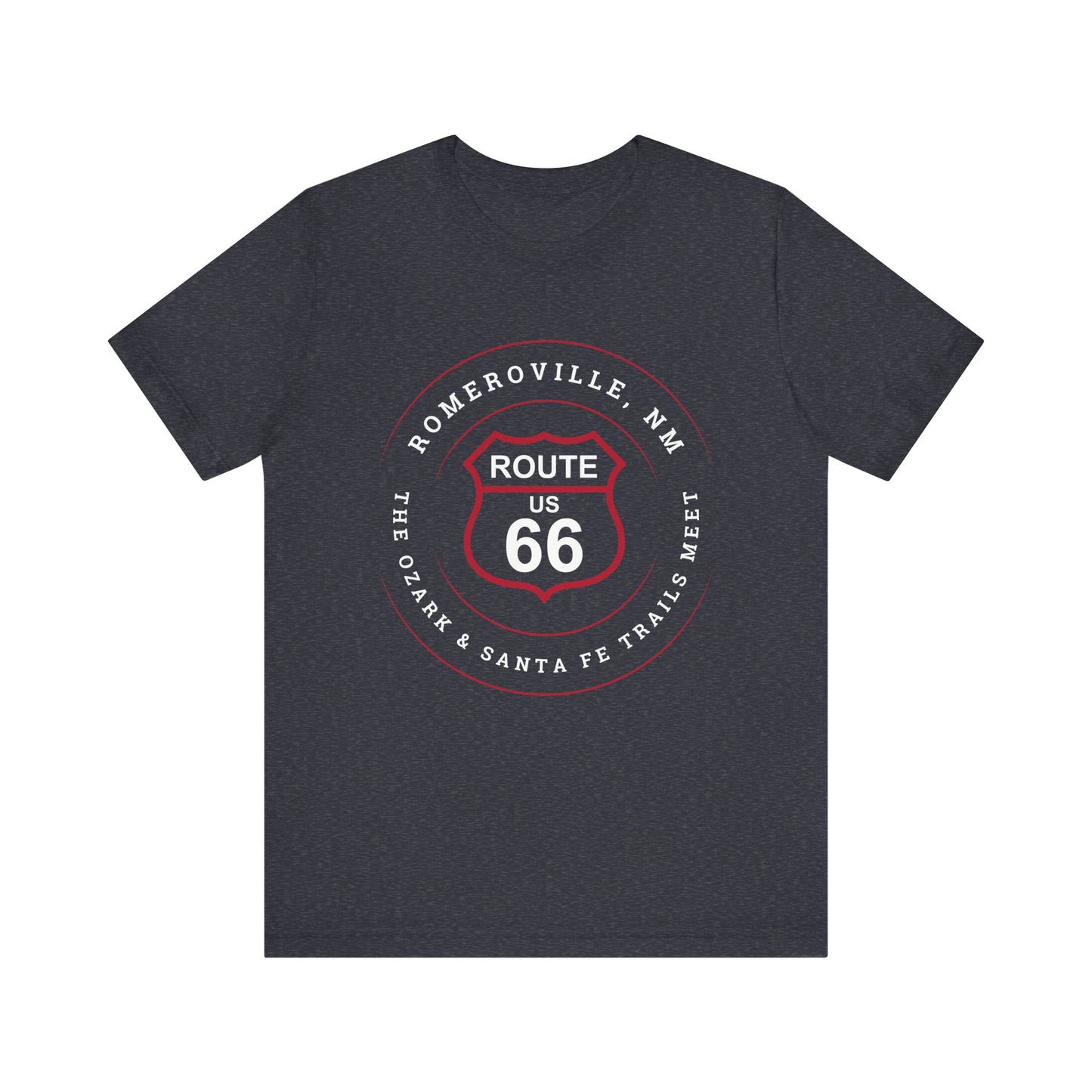 Heather navy retro Route 66 unisex jersey tee with Romeroville, NM: "The Ozark & Santa Fe Trails Meet" design