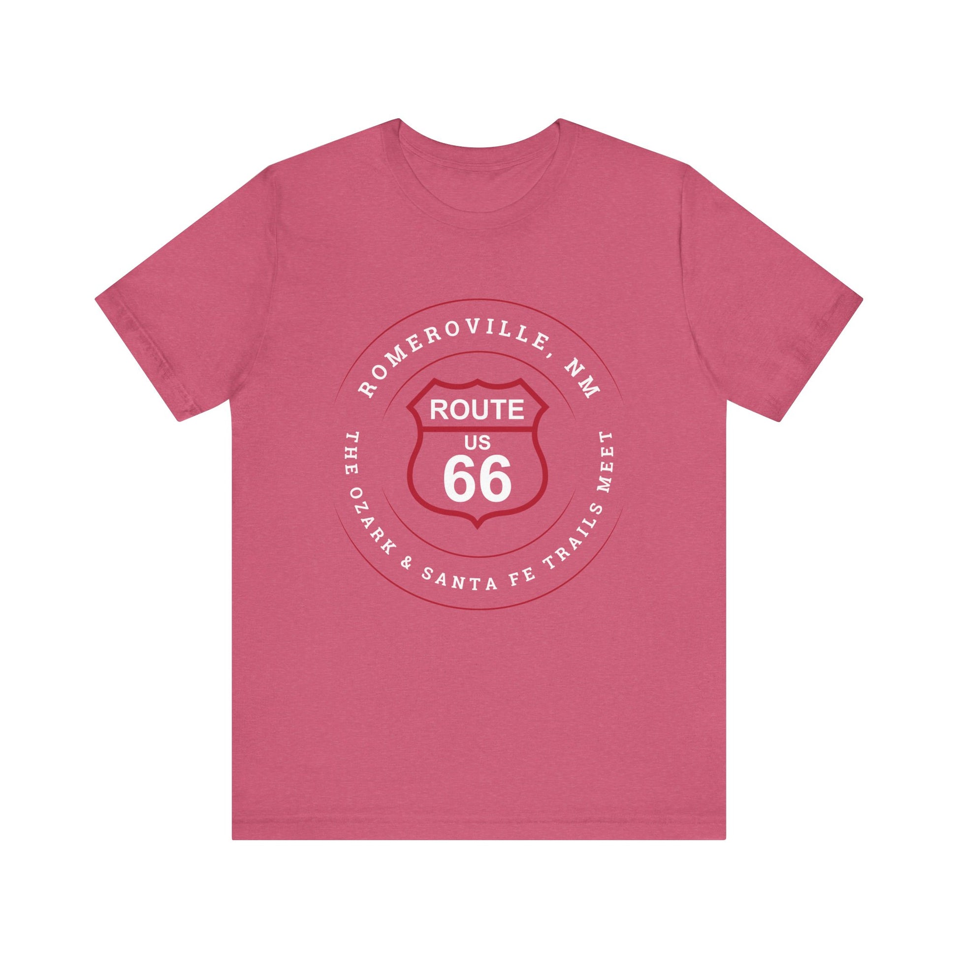 Heather raspberry retro Route 66 unisex jersey tee with Romeroville, NM: "The Ozark & Santa Fe Trails Meet" design