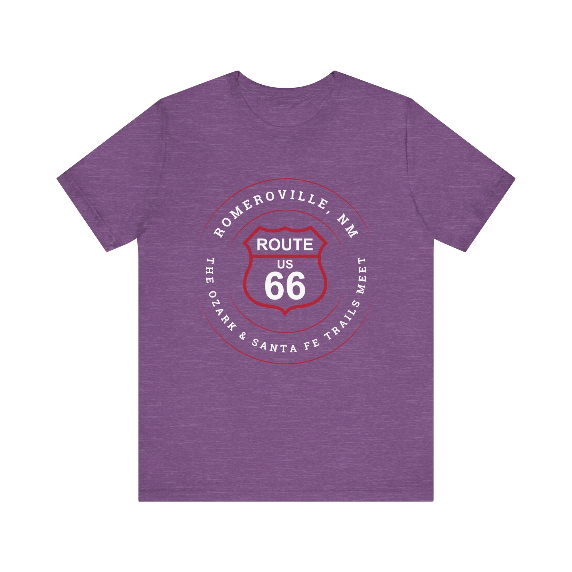 Heather team purple retro Route 66 unisex jersey tee with Romeroville, NM: "The Ozark & Santa Fe Trails Meet" design