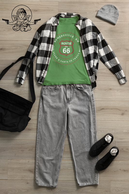 Displayed outfit featuring a leaf retro Route 66 unisex jersey tee with Romeroville, NM: "The Ozark & Santa Fe Trails Meet" design