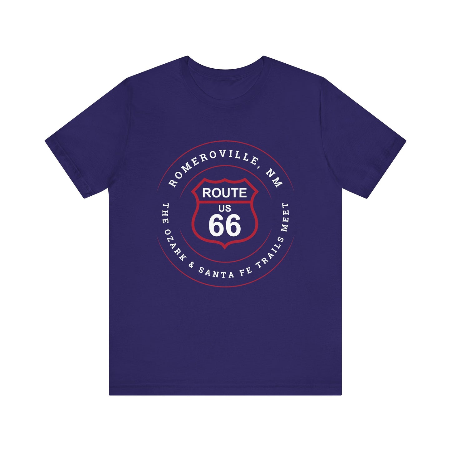 Team navy retro Route 66 unisex jersey tee with Romeroville, NM: "The Ozark & Santa Fe Trails Meet" design