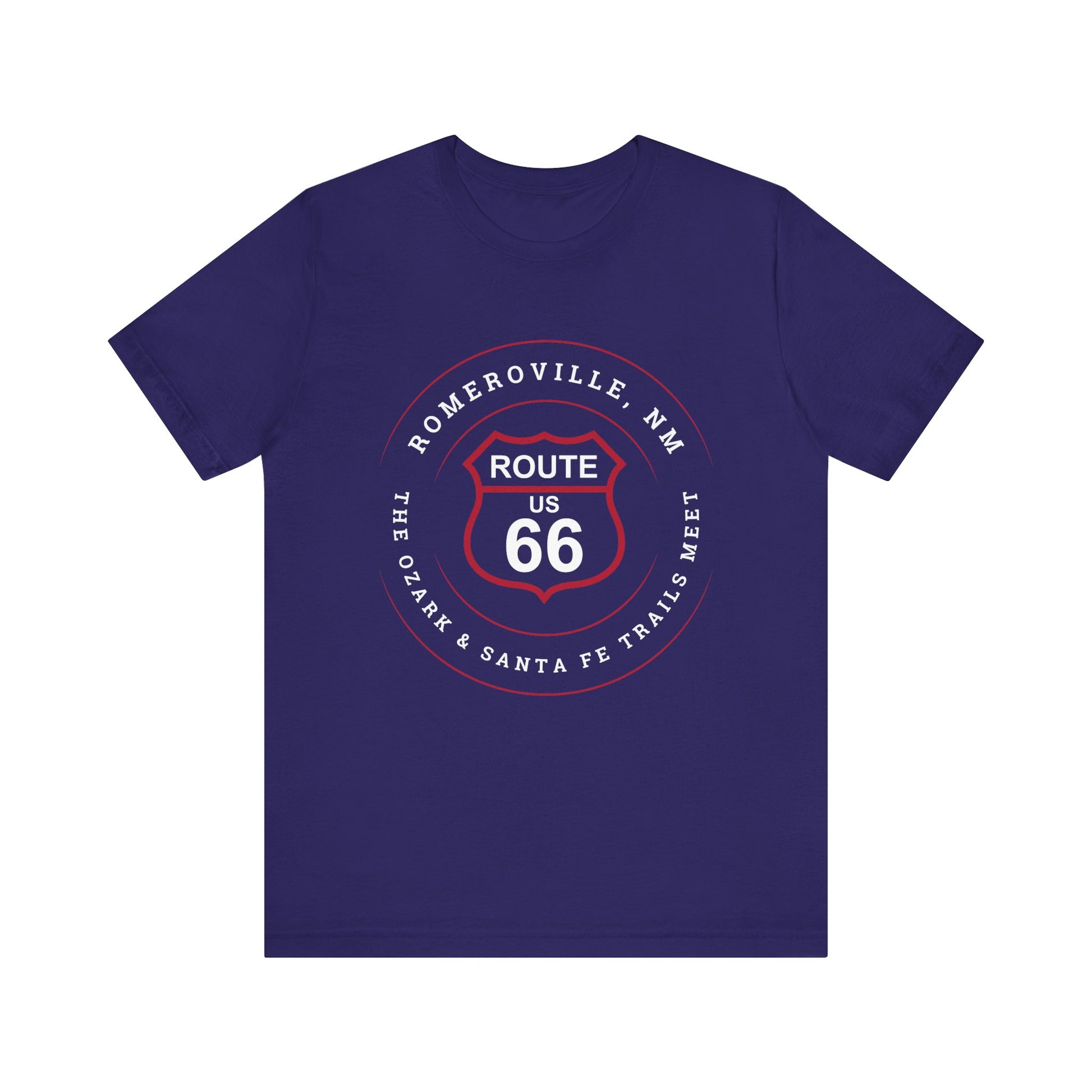 Team navy retro Route 66 unisex jersey tee with Romeroville, NM: "The Ozark & Santa Fe Trails Meet" design