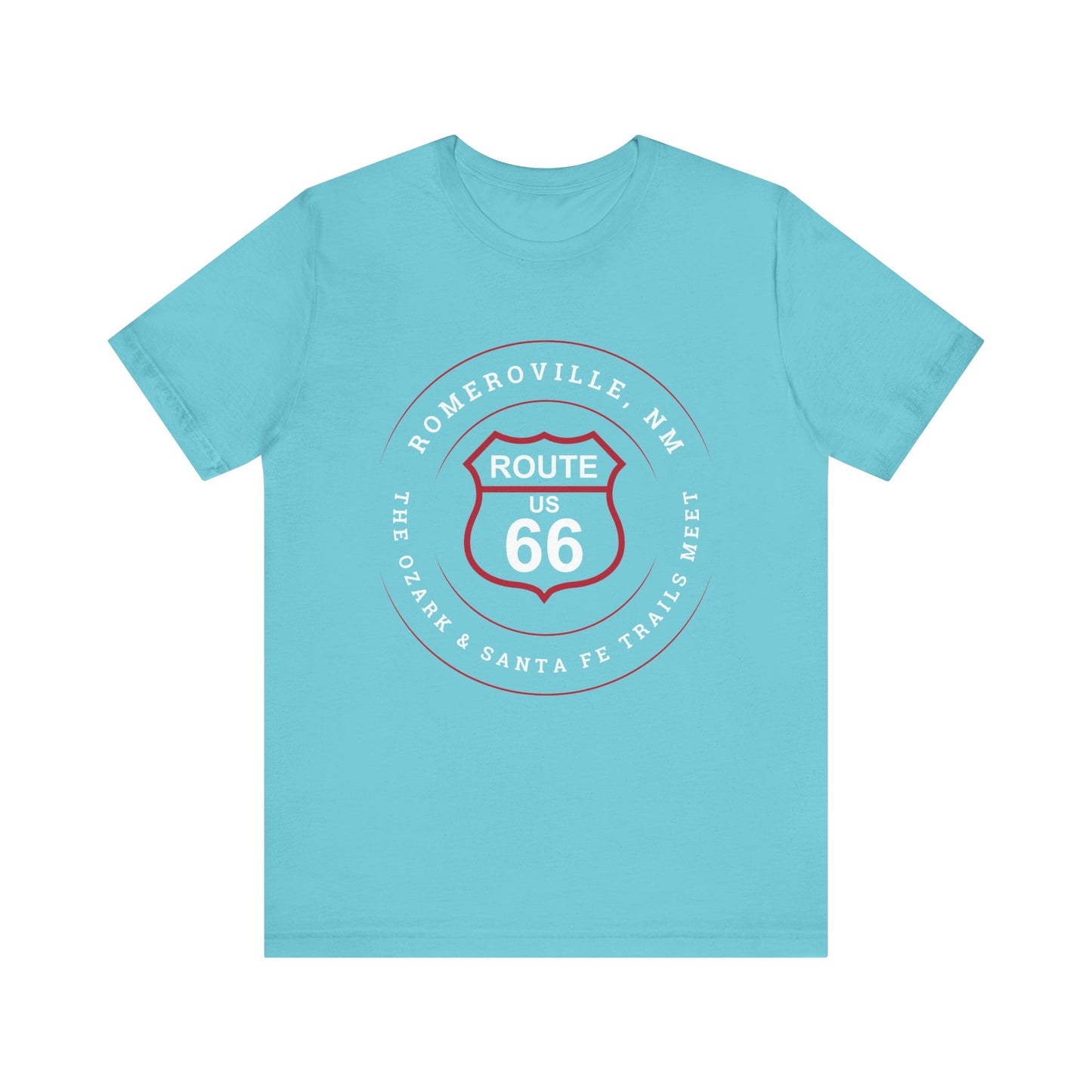 Turquoise retro Route 66 unisex jersey tee with Romeroville, NM: "The Ozark & Santa Fe Trails Meet" design